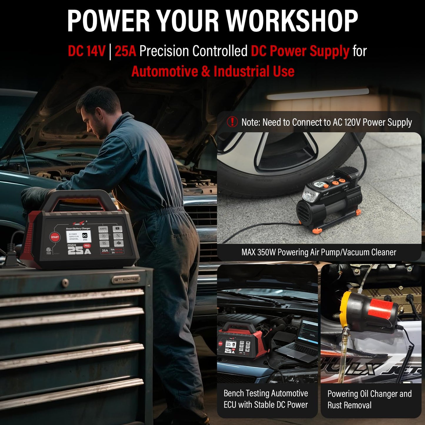 TowerTop 25A Max Pro Battery Charger: 12V Fully Automatic Smart Trickle Charger, Automotive Battery Maintainer with Engine Start, DC Supply, Winter Mode, Recondition,Desulfation, for Lead Acid/Lithium
