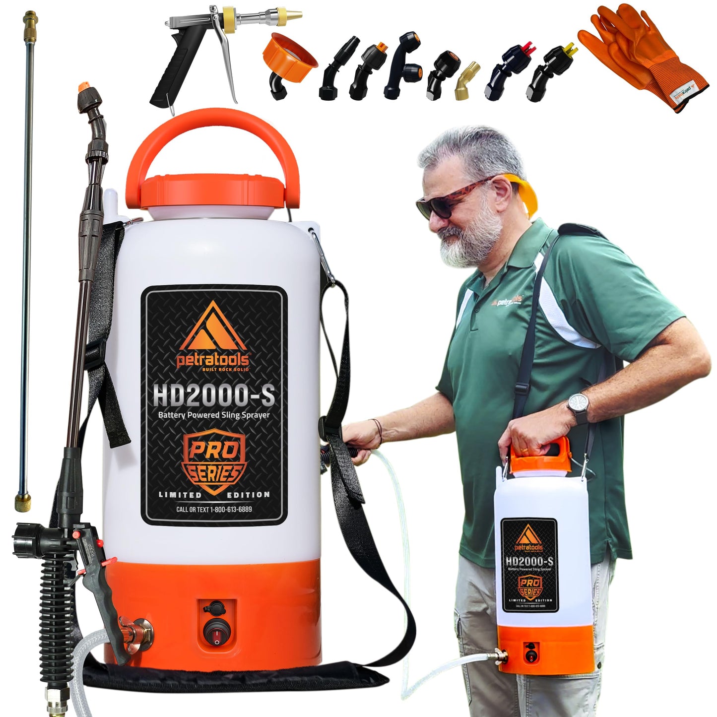 PetraTools Battery Powered Sprayer 2 Gallon – Battery Operated Sprayer for Lawn and Garden, 2 Gallon Sprayer for Weed control, Pest Control, Watering with 9 Spray Nozzles & Gloves (2Gallon Pro Series)