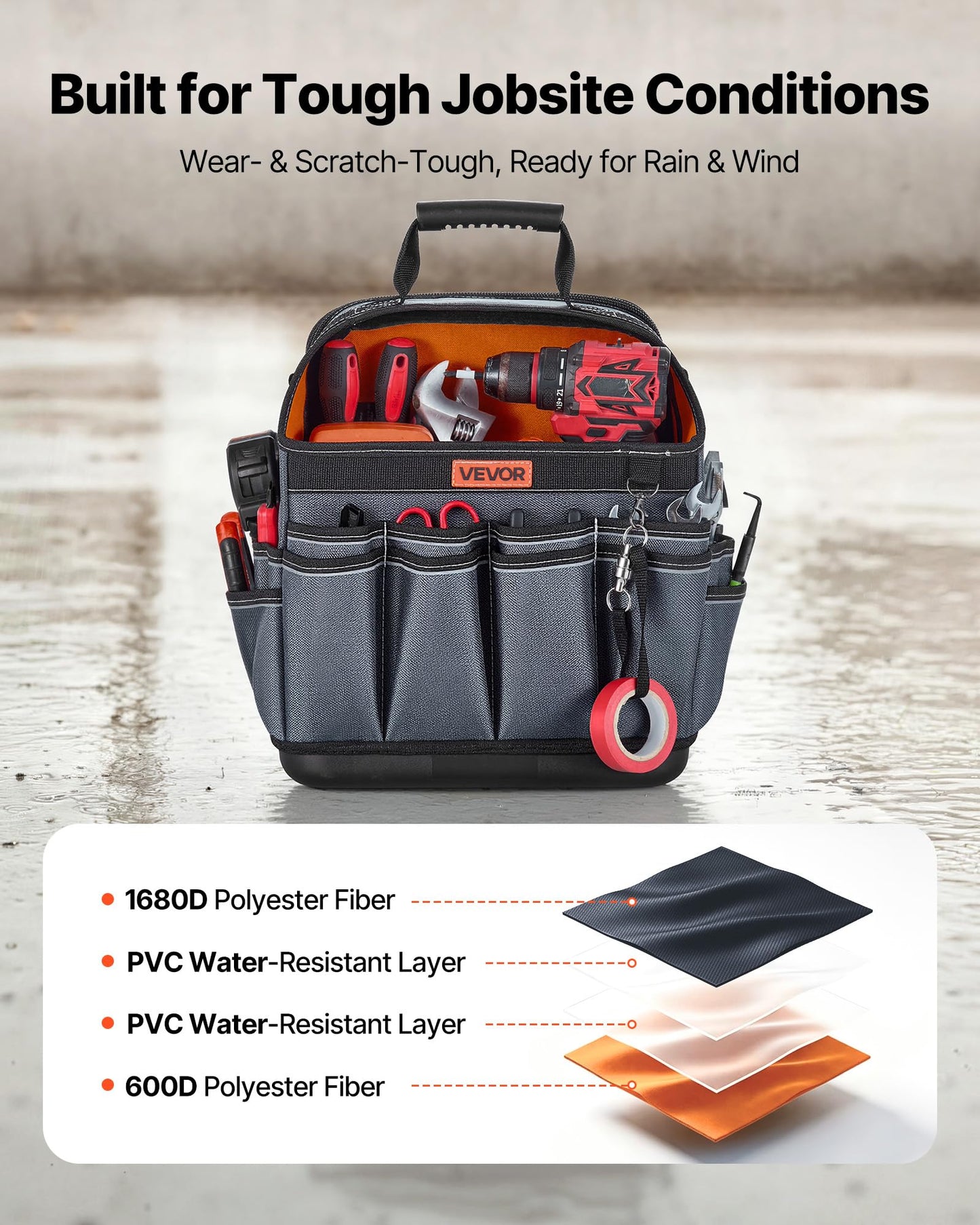 VEVOR Tool Bag, 13.2 Inch, 39-Pocket Open Top Tool Pouch, Portable Electrical Maintenance Toolbox Organizer Storage with Hard Plastic Base, Adjustable Shoulder Strap, for Professionals DIY & Jobsite