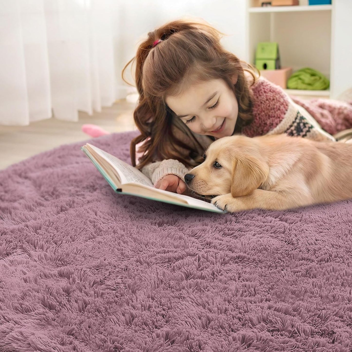 OLANLY Blush Round Area Rug - Soft, Fluffy 7 ft Circle Carpet for Bedroom & Living Room Decor