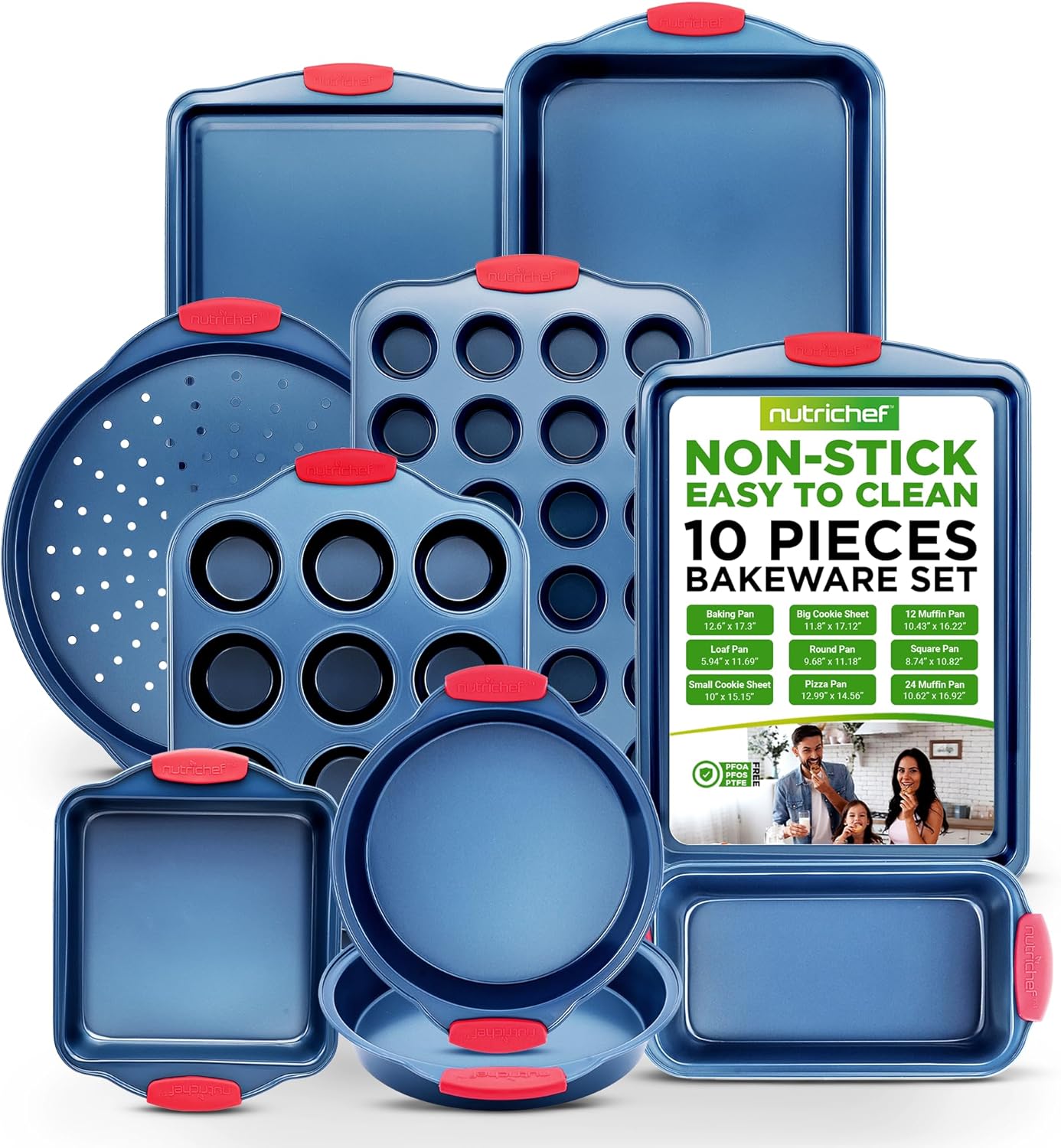 NutriChef 10-Piece Nonstick Bakeware Set - Premium Carbon Steel Pans with Silicone Handles | Includes Pizza Tray, Muffin Pans, Cookie Sheets & More - Blue