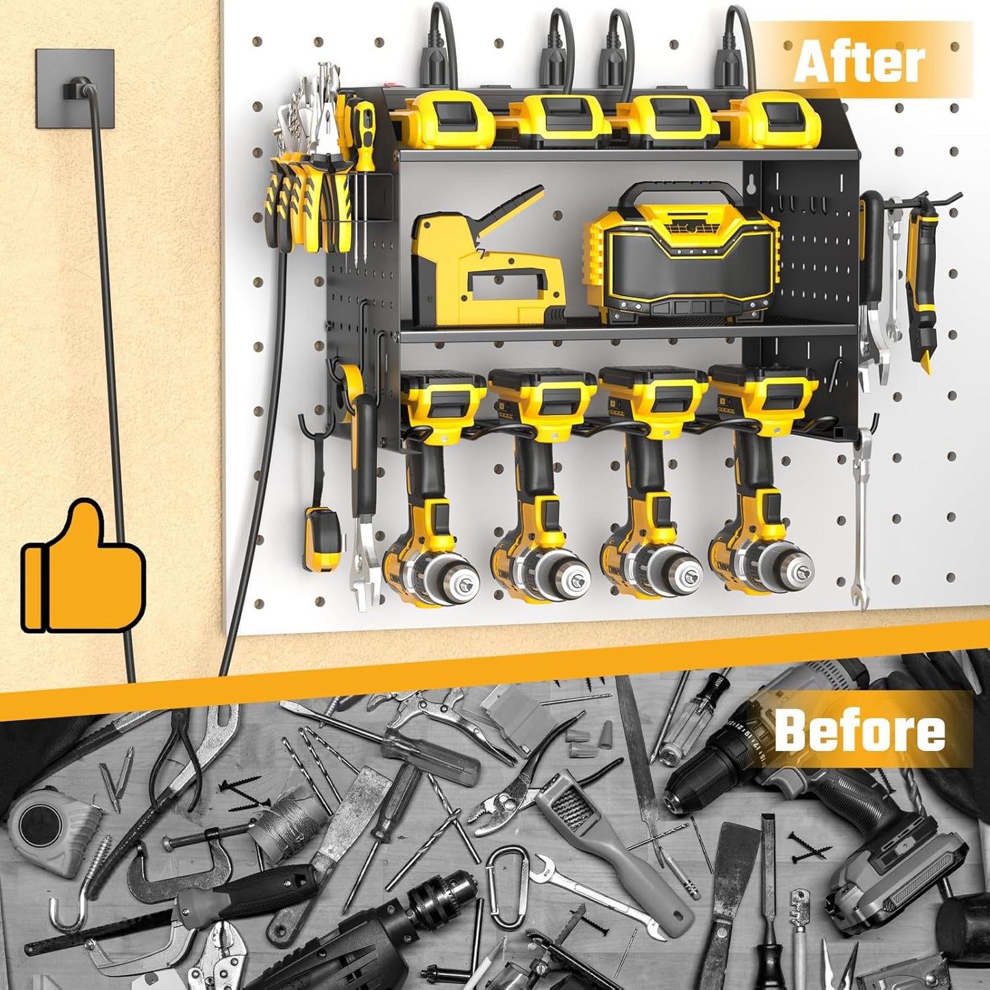 ZESEN Power Tool Organizer - 3-Layer Wall Mount Charging Station with 6 Outlets & Drill Holders - Black