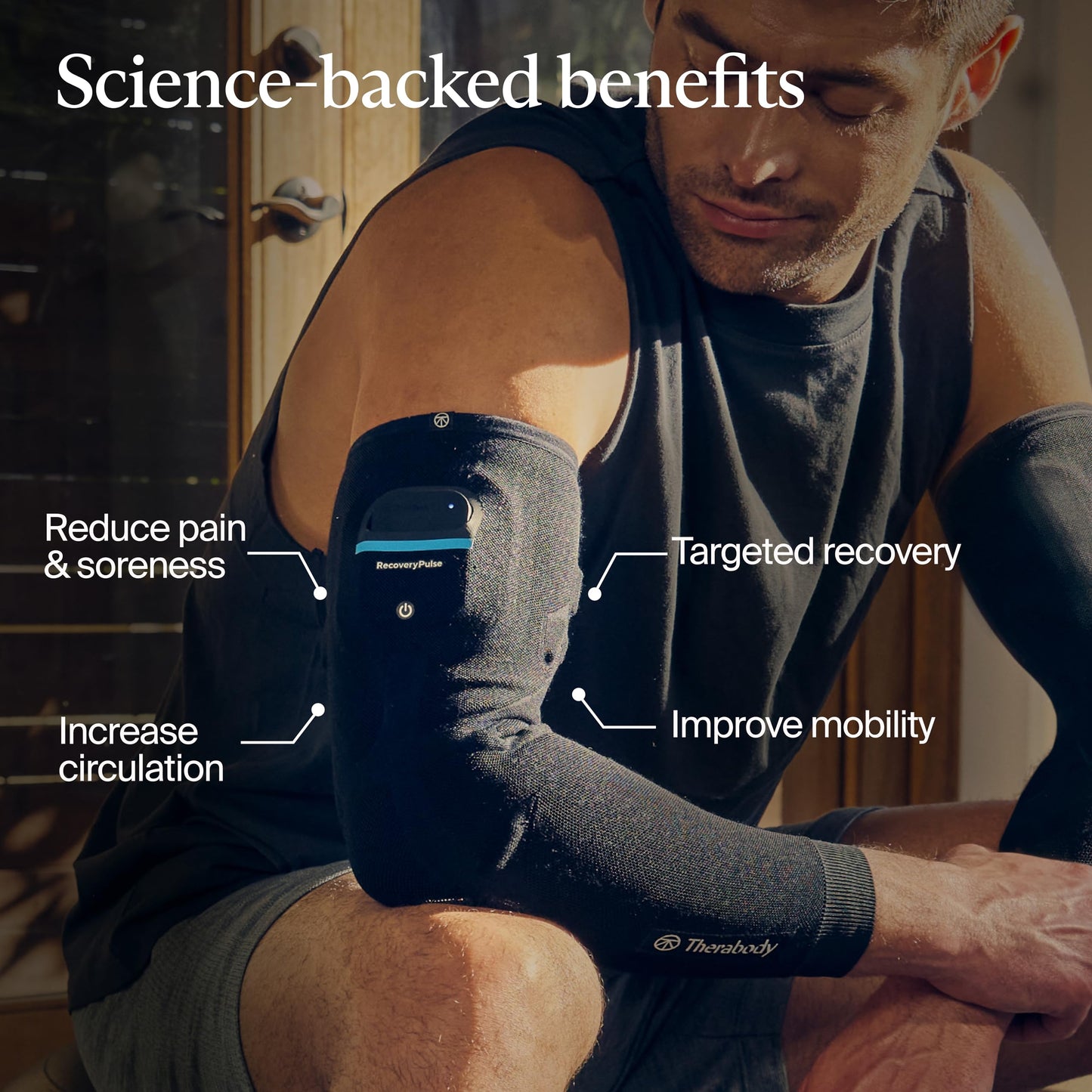 Therabody RecoveryPulse Arm - Compression and Vibration Sleeve for On The Go Relief, Reduce Soreness and Pain in Arms, Increase Flexibility, Circulation and Accelerate Recovery (Large)