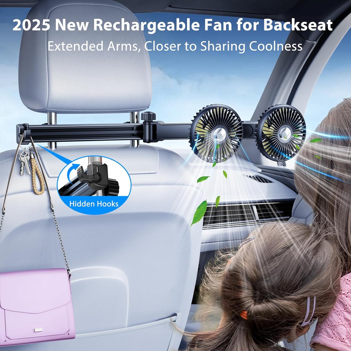 Cable*1] Battery Fan for Car Backseat Kids with Retractable Long Arm, Rechargeable Car Seat Fan That Blow Cold Air