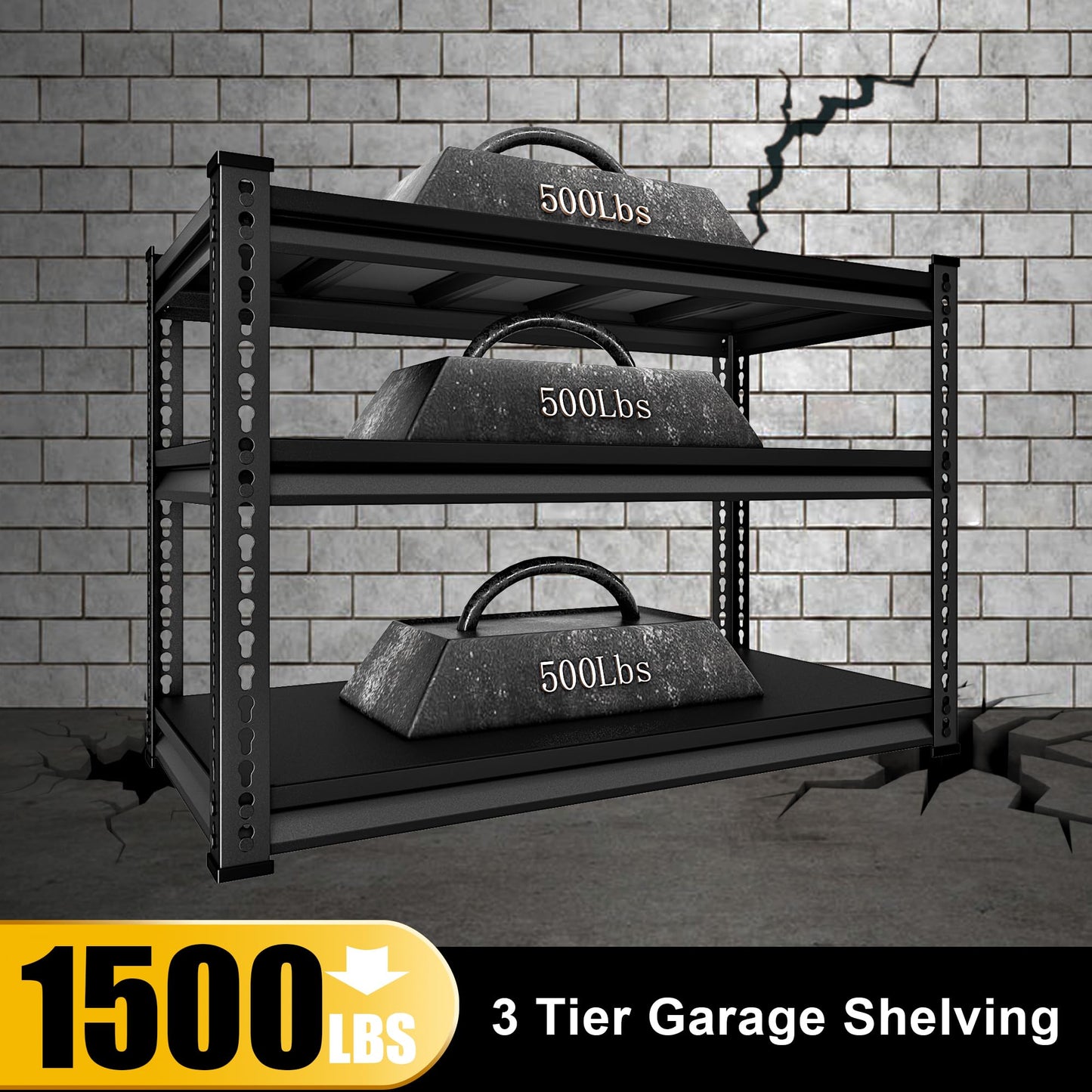 SDXYSTCE 48" W Garage Shelving Heavy Duty, 1500LBS Loads Shelving Units and Storage Racks, 3-Tier Metal Garage Storage Shelves, Industrial Utility Shelf Heavy Duty,48" Wx16 Dx39 H, Black