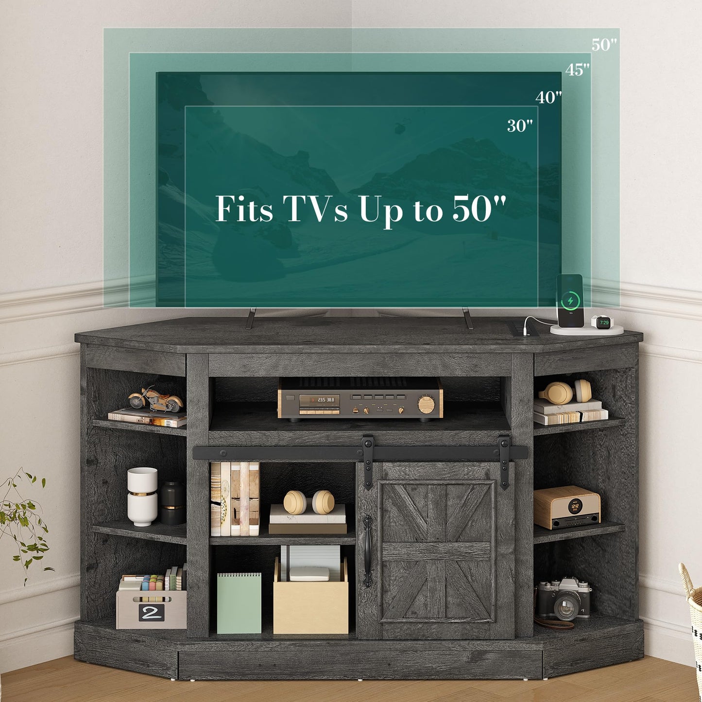 YITAHOME Corner TV Stand for 50 Inch TV, Farmhouse Entertainment Center with Storage & Power Outlet, TV Console Cabinet and Sliding Barn Door for Living Room, Carbon Gray