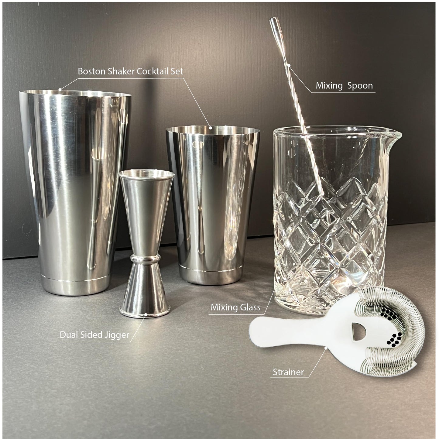 Lily's Home 6-Piece Boston Cocktail Shaker Set: Boston Shaker Cocktail Set,Mixing Glass, Mixing Spoon,Dual Sided Jigger and Stainer,for Home Mixology,Cocktail Lovers & Beginner