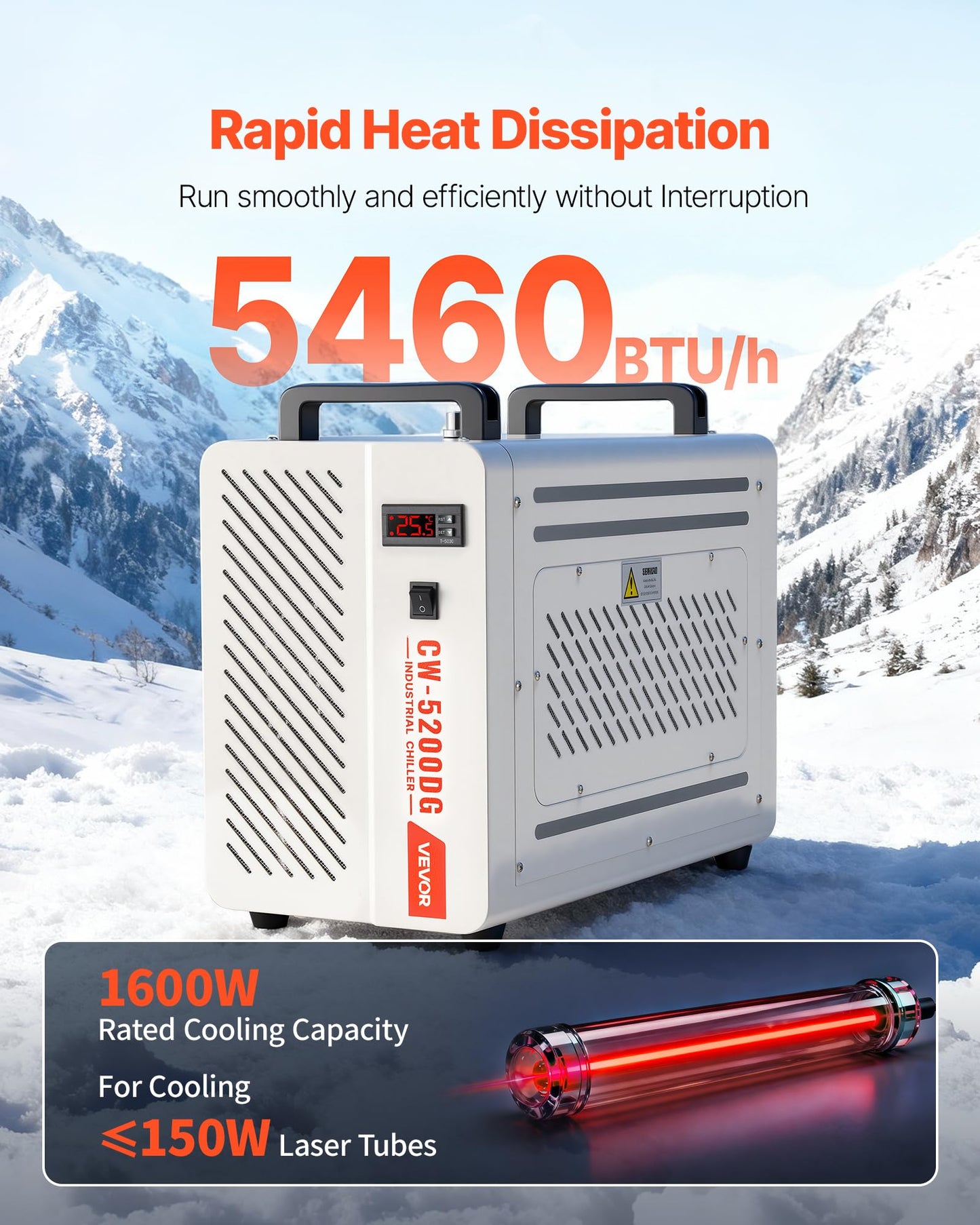 VEVOR Industrial Water Chiller, 5460 BTU/h, Industrial Water Cooler Cooling System with Compressor, 1.8  Gal Tank Capacity, 3.4 GPM Max Flow, Laser Chiller, for CO2 Laser Engraving & Cutting Machine