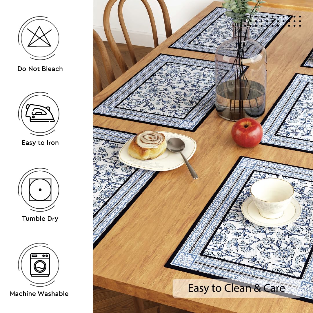 Encasa XO Dining Table Mats Set of 6 | Indigo-02 Block Printed Cotton Canvas Placemat - 18x13 in | Jaipur Sanganeri Hand Print
