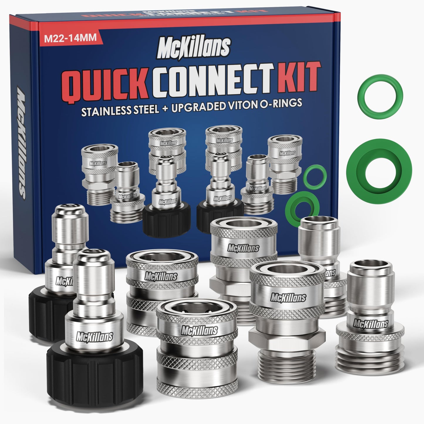 McKillans® Swivel Gun PRO + Foam Cannon Wide Mouth + Car Pressure Washer Extension Wand + Stainless Steel Quick Connect Kit M22-14mm to 3/8" Male Female Quick Disconnect Kit for Power Wash Bundle
