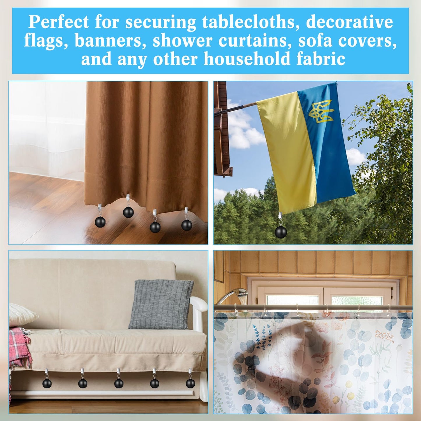 Cinnvoice 4 Pack Heavy Duty Curtain Weights Heavy Tablecloth Weights Ball with Metal Clip for Outdoor Tables Shower Curtain Flag (Black)