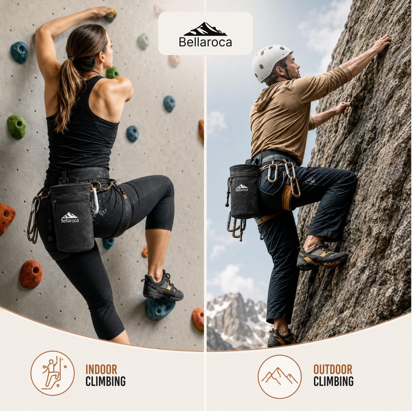 BELLAROCA® Climbing Chalk Bag with Waist Belt and Carabiner – Rigid Rim, Fleece Lining and Anti-Spill Drawstring Chalk Pouch for Rock Climbing and Bouldering