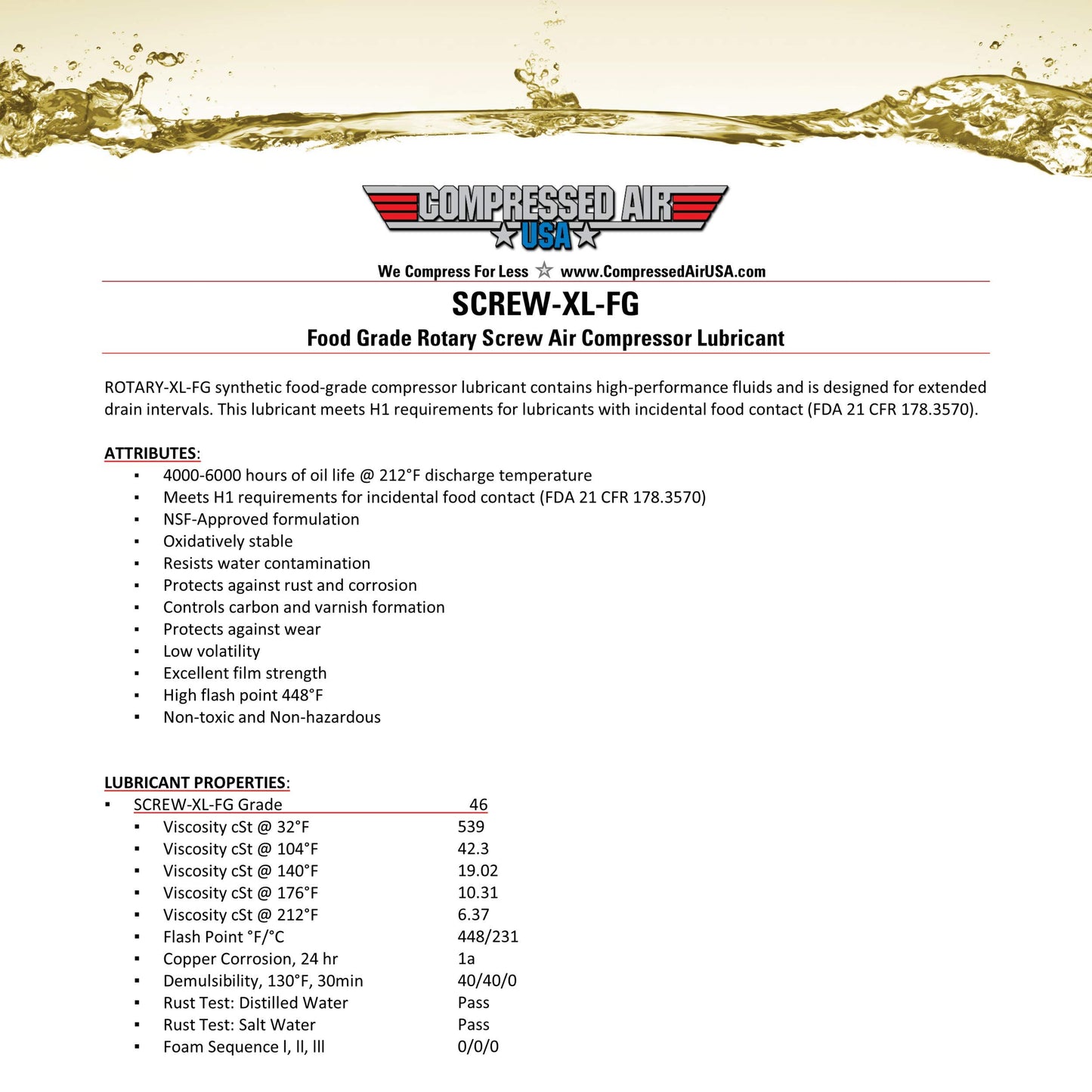 Food Grade 6000 Hour Rotary Screw Air Compressor Lubricating Oil - CompressedAirUSA - XL - Extended Life Oils (1 Gallon)