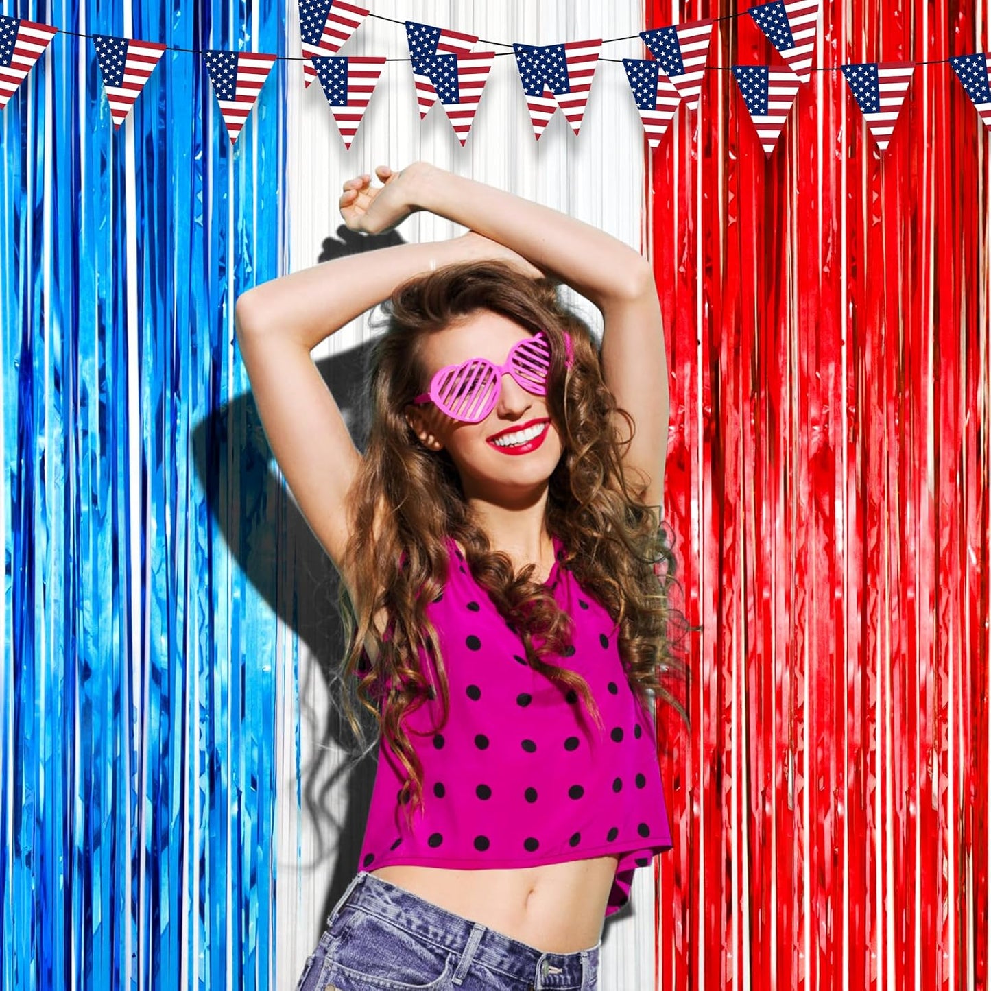 Voircoloria Red, White & Blue Foil Fringe Backdrop Curtains - 3 Pack Tinsel Streamers for Patriotic Celebrations