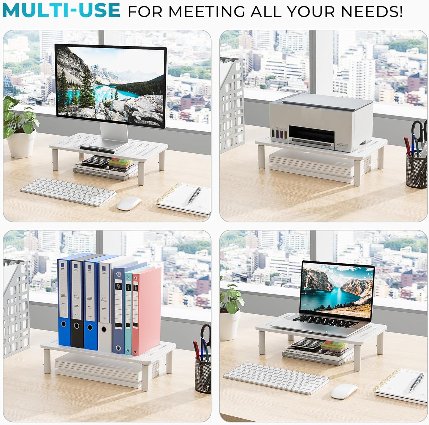 2 Pack 14.5 9.1, BONTEC Monitor Stand Height Adjustable Metal Riser with Pen Holder, White, x Ergonomic Desktop Stand