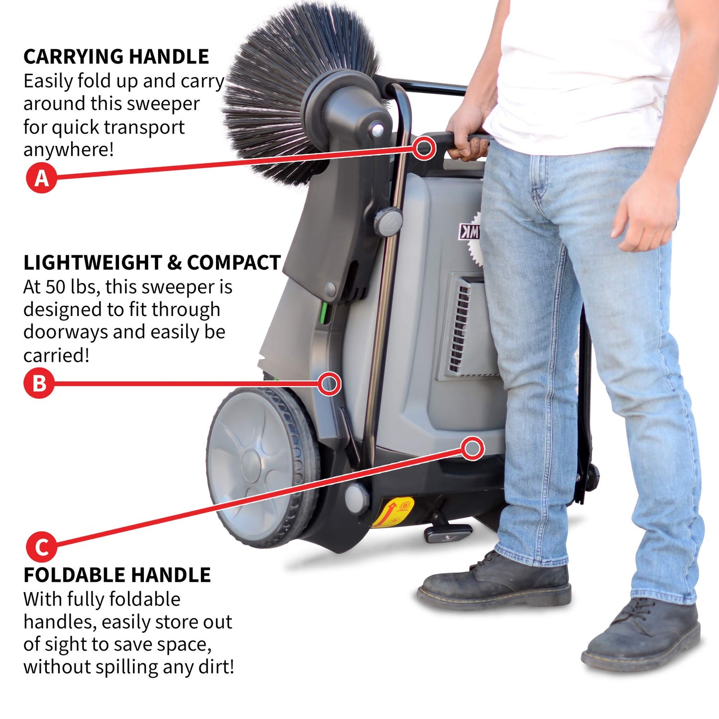 Tomahawk Industrial 38" Walk Behind Push Sweeper with Triple Power Side Brooms Floor Cleaning of Dust Litter Grass