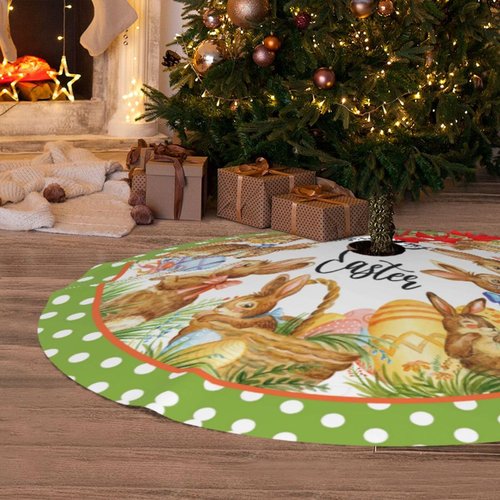 Happy Easter Cute Rabbit Eggs Green Polk 36 Inch Christmas Tree Skirt Carpet Mat Funny Party Soft Cover Mat Decor Supplies for Xmas Halloween Decorations Occasion Farmhouse