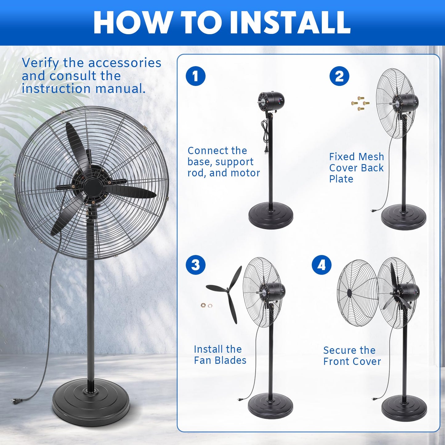 Aurelema 2 Pack 27 Inch Oscillating Pedestal Fans, 7500 CFM High Velocity Heavy Duty Floor Stand Fan with 3 Speeds, Copper Motor Commercial Standing Cooling for Garage Warehouse Workshop, Black