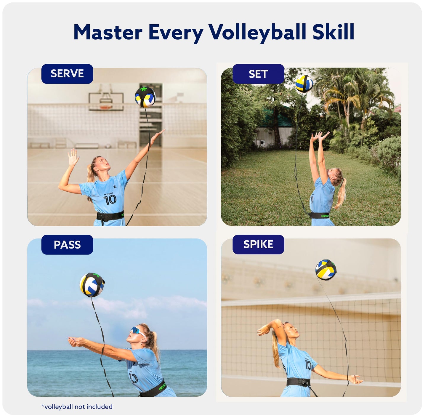 MOTOMY™ Volleyball Training Equipment Aid ‘VolleyPal’ – Solo Rebounder Trainer for Serve, Spike, Set & Pass; Indoor and Outdoor Volleyball Practice Equipment Gear, Volleyball Gifts for Teen Girls