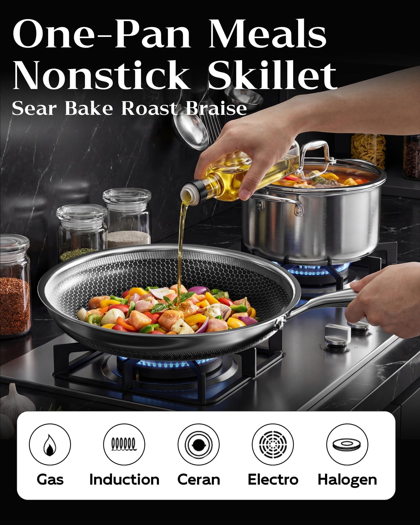 XBM Nonstick Frying Pan Set, 8+10+12 Inch, Honeycomb Stainless Steel Skillet Pans Set, PFOA-Free Scratch-Proof, Dishwasher & Oven Safe, Compatible with All Cooktops