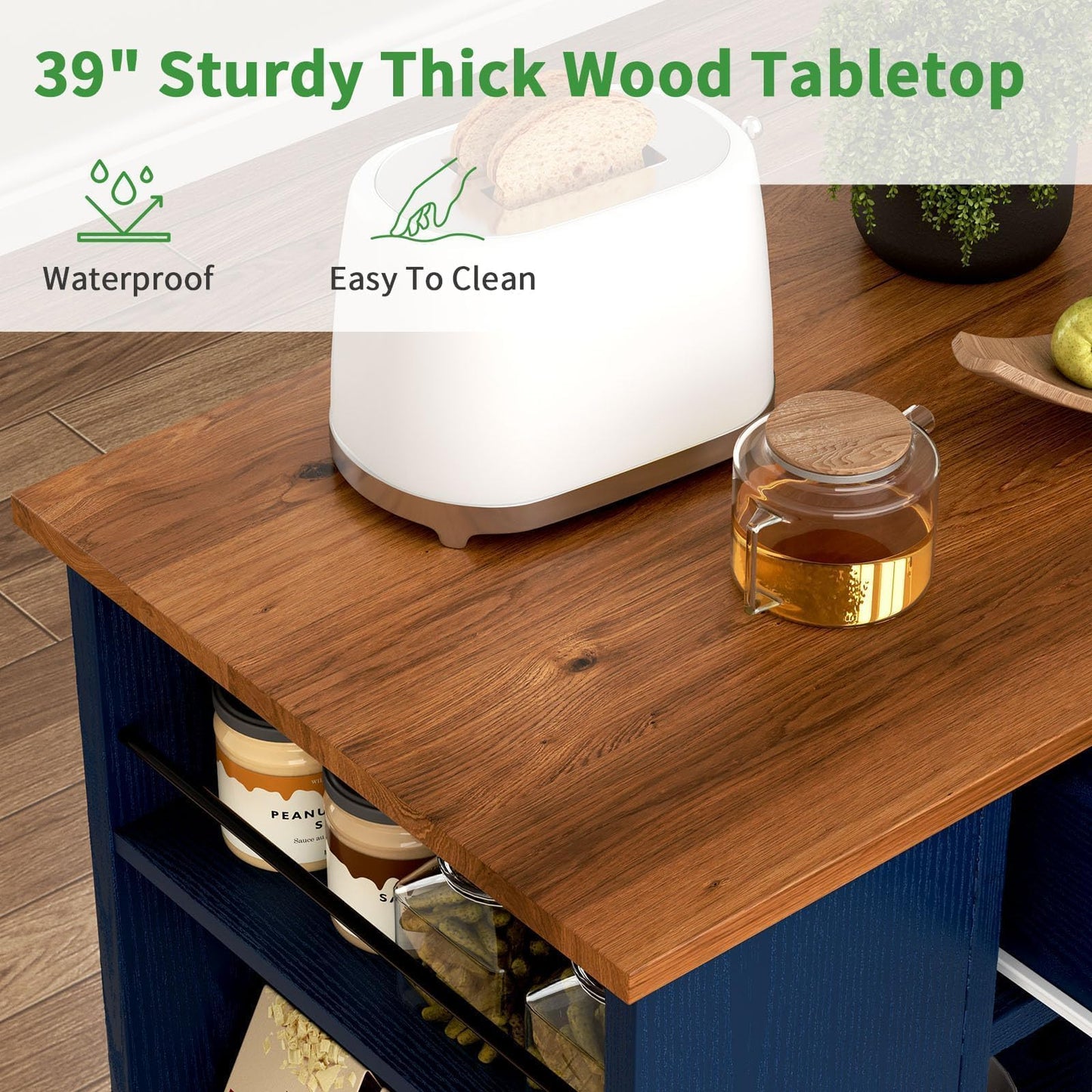 4 EVER WINNER Navy Blue Rolling Kitchen Island with Storage for Small Kitchen, 39" Farmhouse Kitchen Island Cart on Wheels with Drawer, 3-Tier Spice Rack, Open Shelves & Towel Rack for Apartment