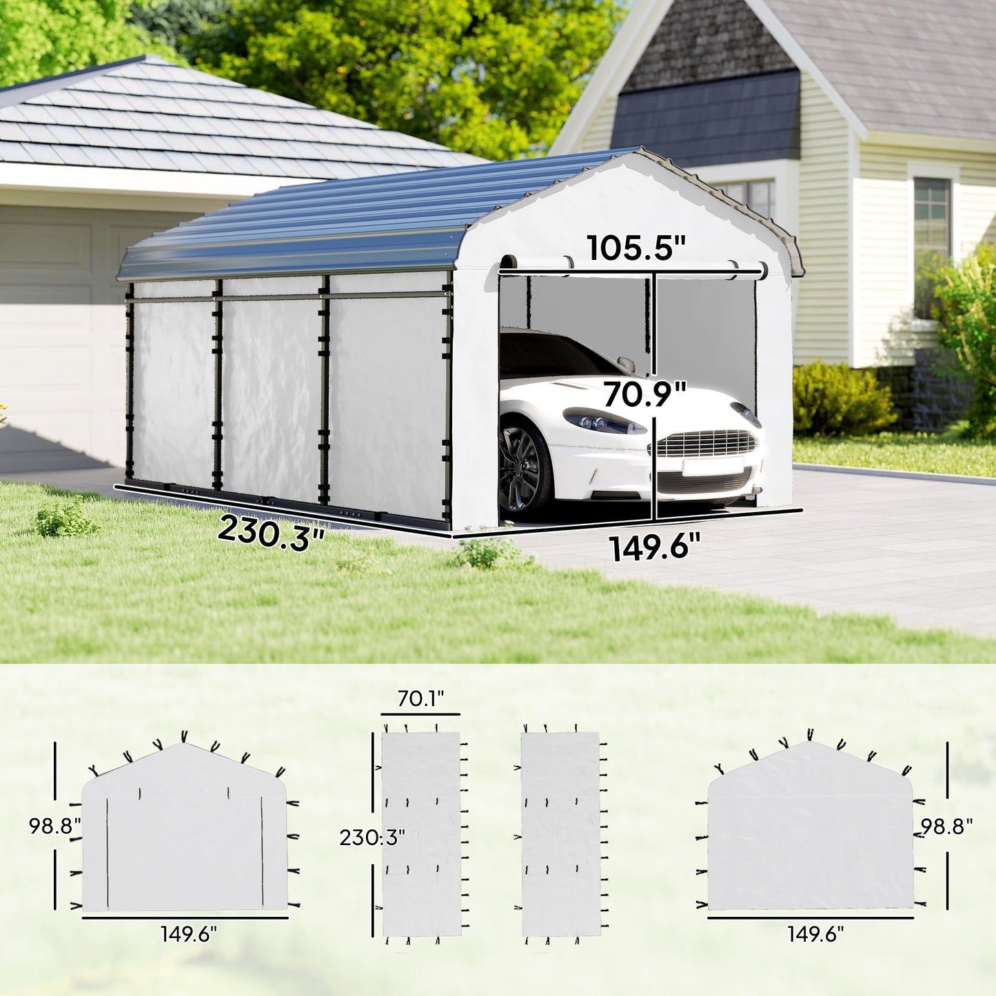 Outsunny Carport Replacement Sidewall Panels Set of 4 for 12' x 20' Carports, UPF50+ Waterproof PE Tarp Replacement Side Wall Cover with Zipper Door, Top Cover and Frame Not Included, White