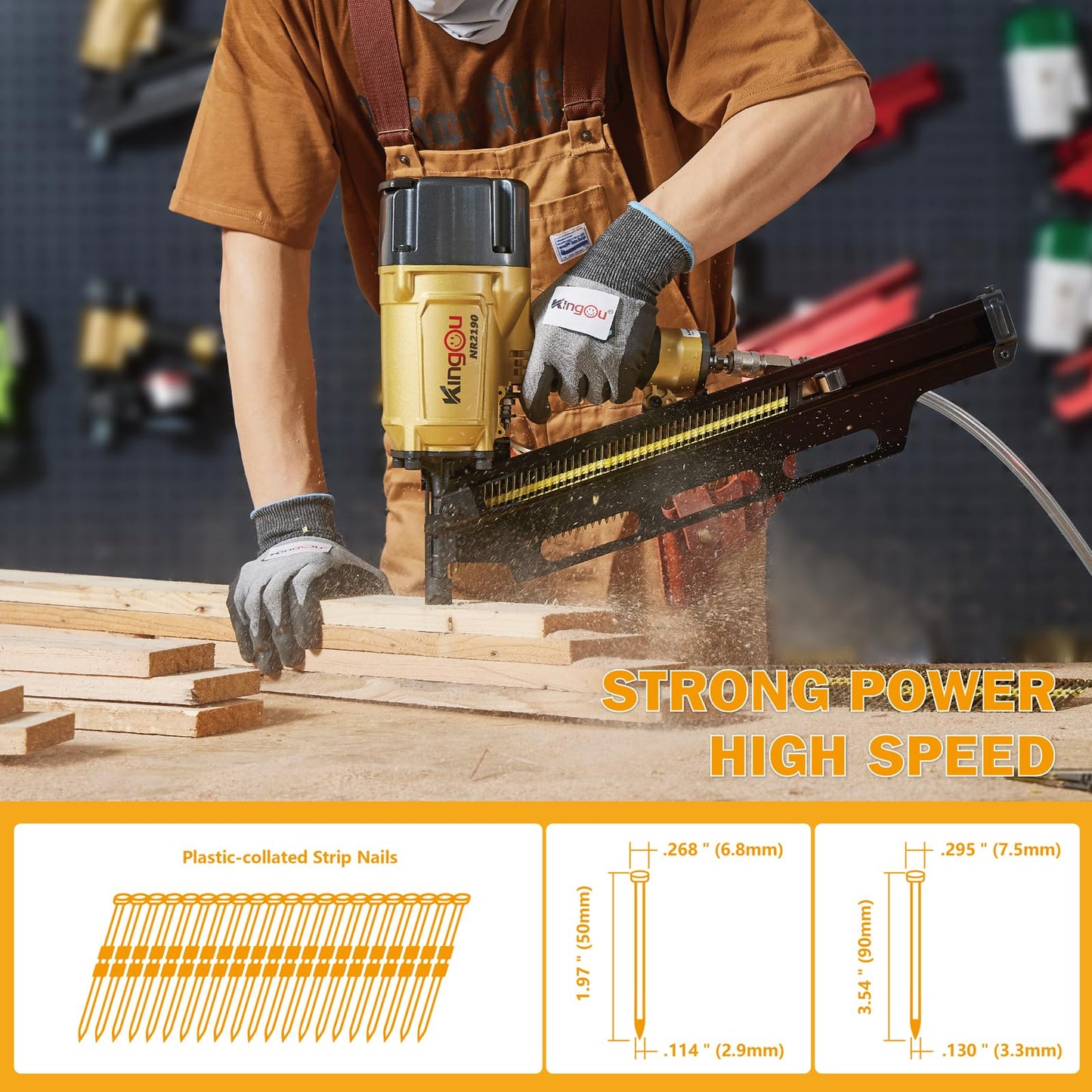 KingOu NR2190 21 Degree Plastic Strip Framing Nailer Aluminum Magazine （ Covers The Functions Of NR2183 Framing Nailer) Can Use 3.5 Inch Length Nails