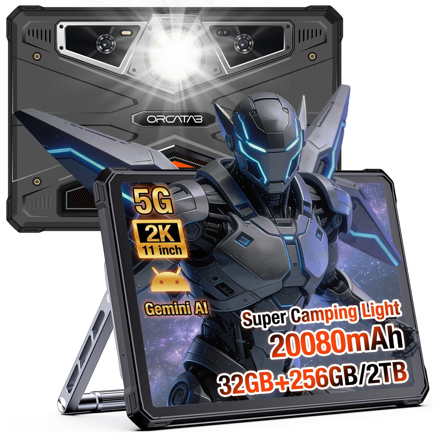 ORCATAB WT1 Pro 2026 5G Rugged Tablet Android 15, 2K 11" 120Hz 33W 20080mAh Waterproof Tablet, 32GB+256GB/2TB Outdoor Tablets, 64MP+16MP+20MP Gemini AI/IP68/5G LTE WiFi/Face ID/OTG/GPS/Camping Lantern