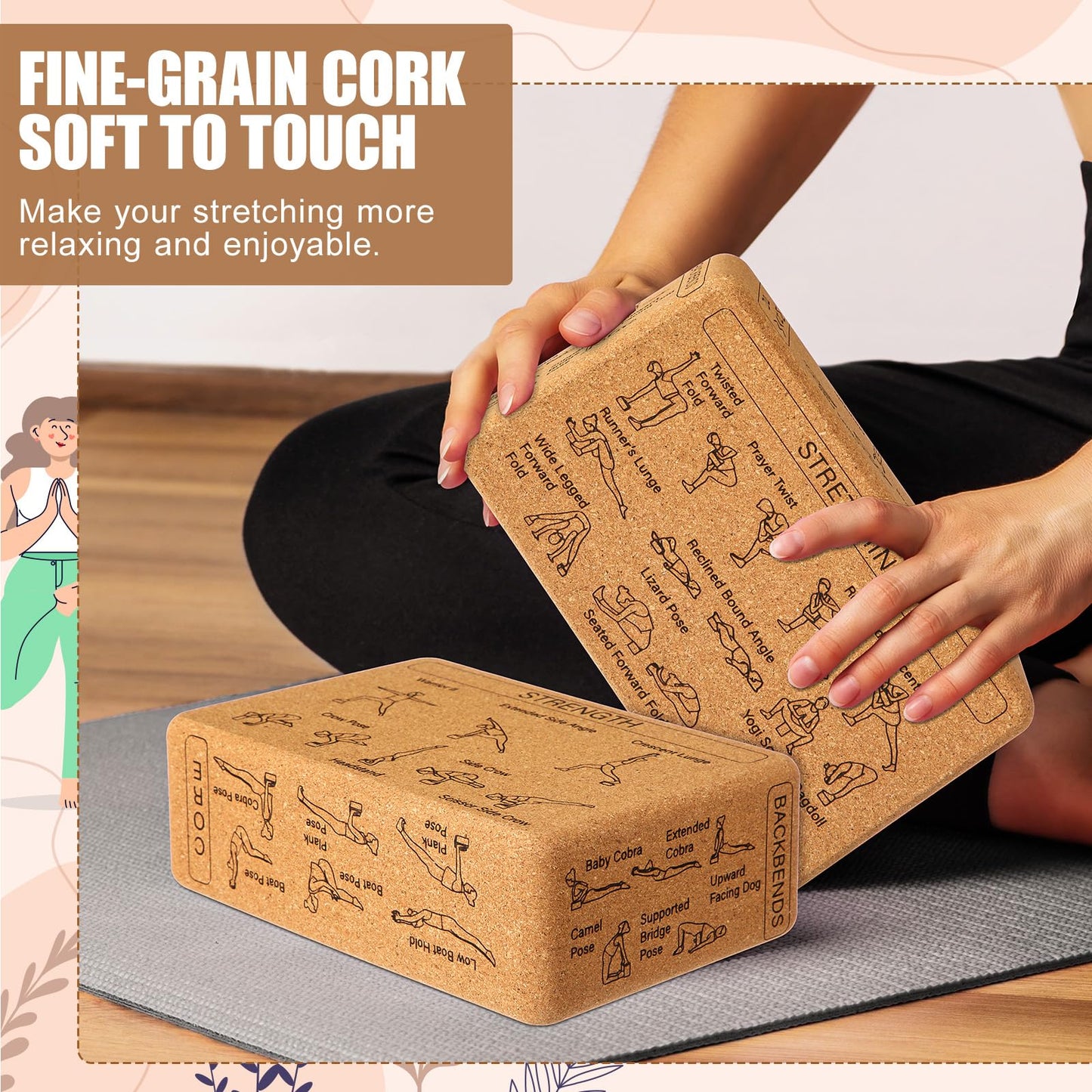 Halloscume Cork Yoga Blocks 2 Pack Yoga Poses Teaching Cork Blocks, Suitable Poses for Beginners and Experts High Density Block with Non Slip Surface for Better Support, Balance Comfort (Beige)
