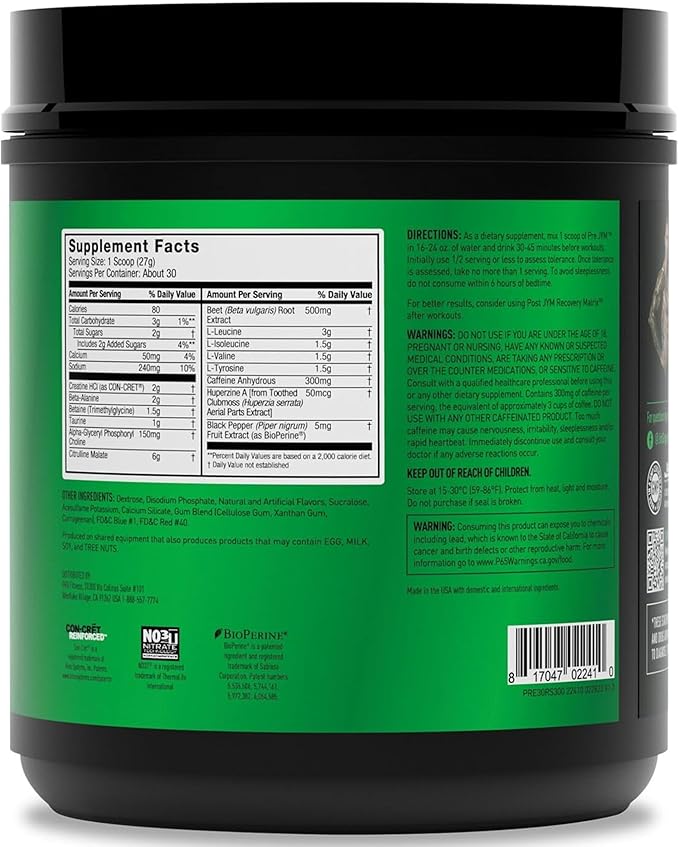JYM Supplement Science Pre JYM Rainbow Sherbet Pre Workout Powder for Men & Women, BCAAs, Nootropics, Creatine HCI, Citrulline, Beta-Alanine, Betaine, Taurine, Huperzine, 30 Servings