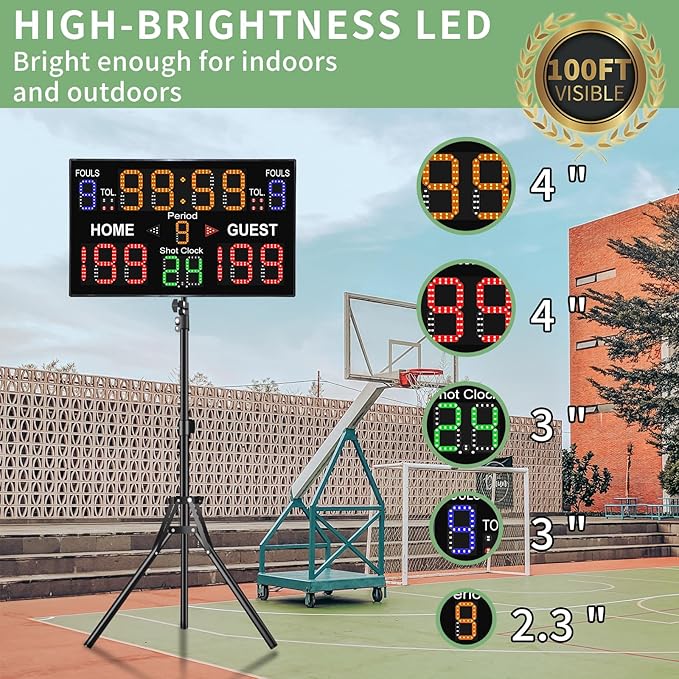 Basketball Digital Scoreboard with Remote,Battery Powered Portable Tabletop Electronic Scoreboard with 75dB Buzzer,Countdown Timer & Score for Games