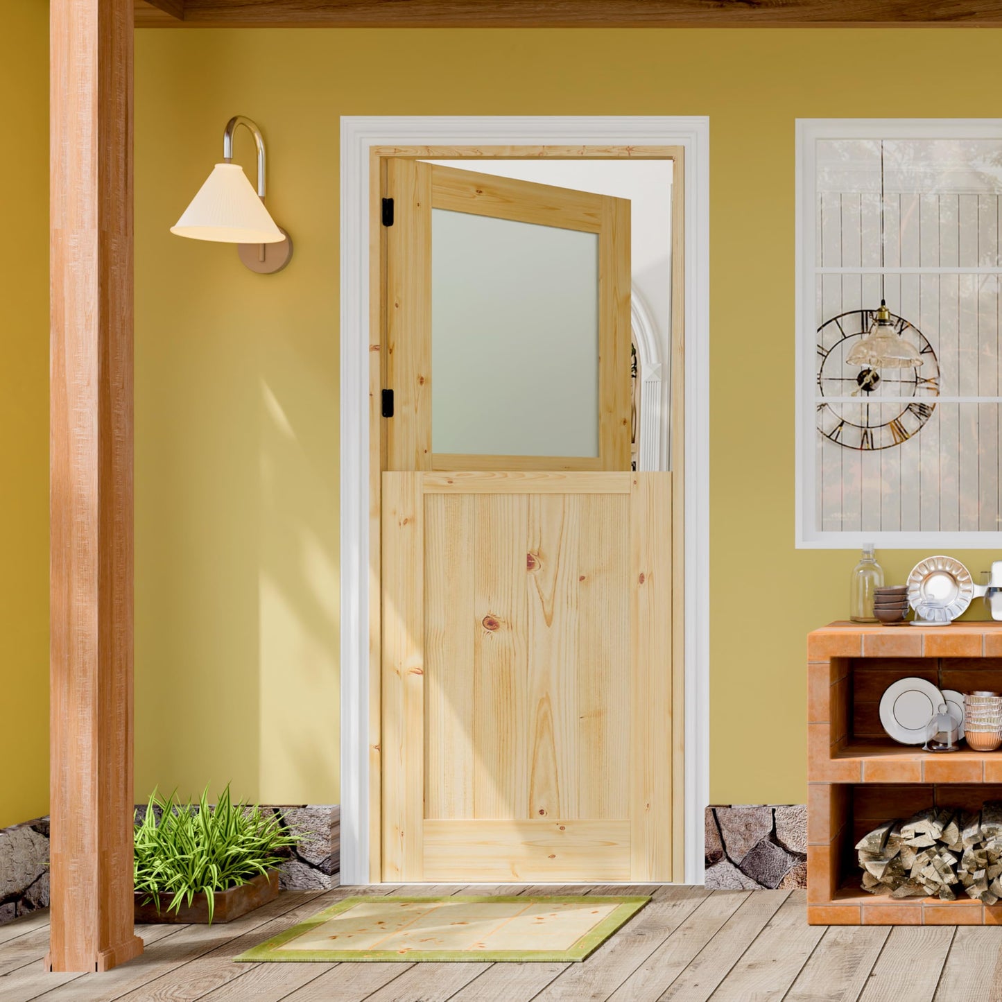 Lakenyon Exterior Prehung Dutch Door, 32" x 80" Left-Handed Front Door, 1 Lite Tempered Frosted Glass Split Single Doors, Solid Core Home Door, Natural Pine Wood - with 4 Black Hinges with Jamb