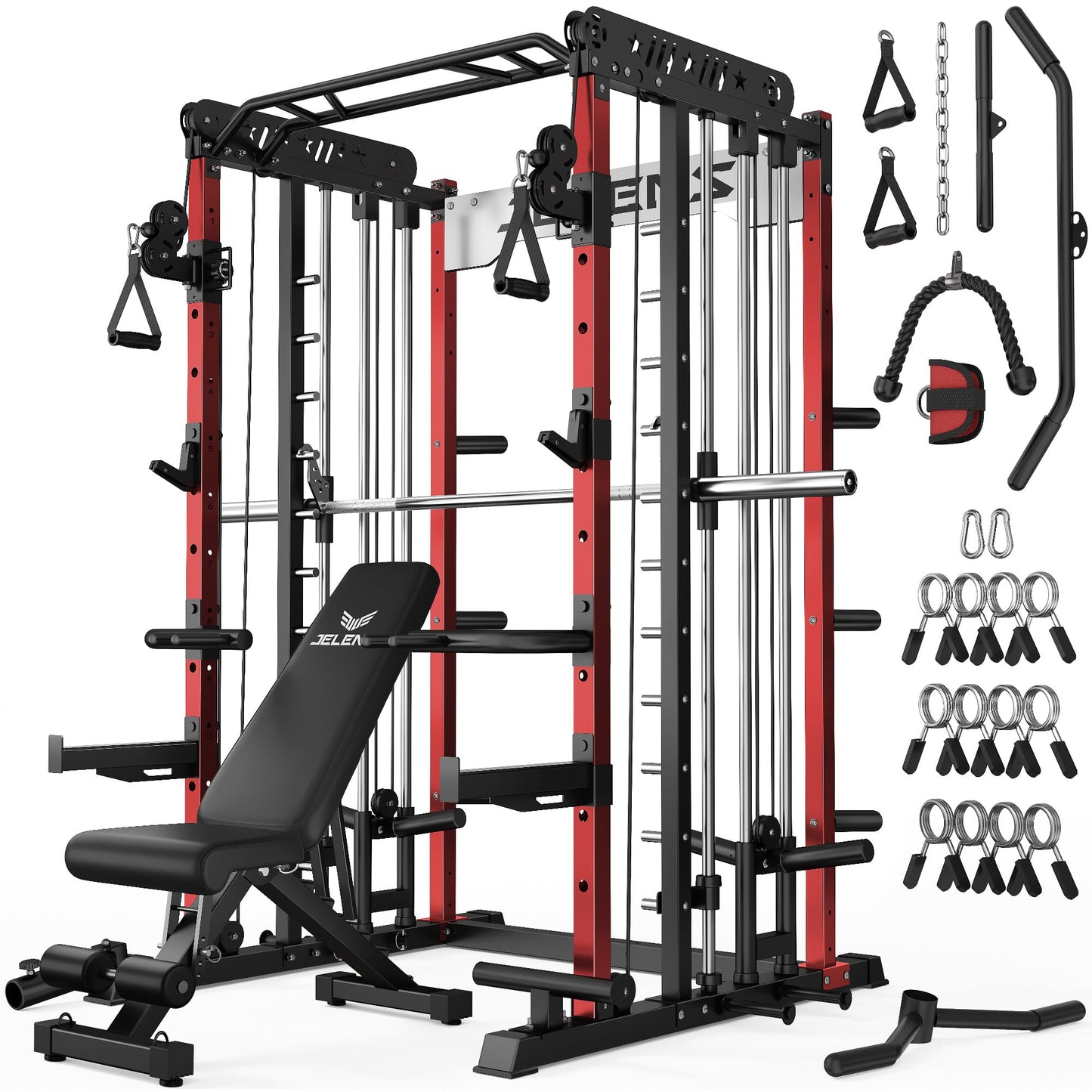 JELENS Smith Machine for Home Gym, Multi-Function M12 Power Cage, Squat Rack with Smith Bar and More Attachment (Red, Weight Bench Package)