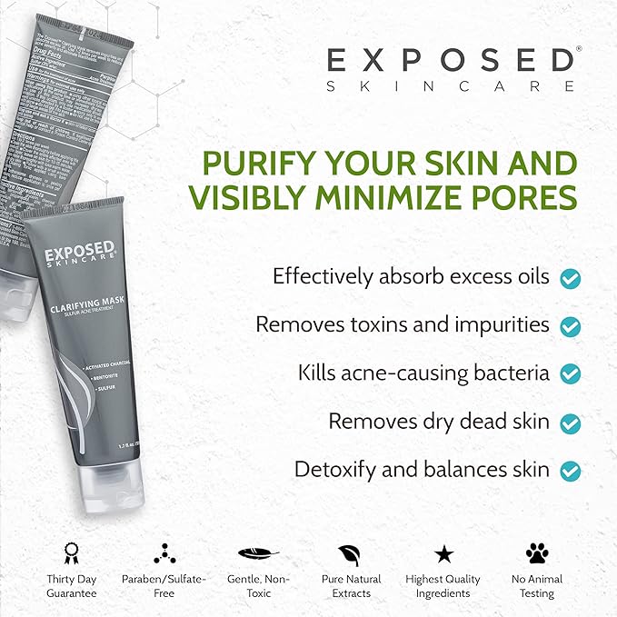 Exposed Skin Care Activated Charcoal Face Mask to Purify Skin, Regulate Oil Production and Visibly Minimize Pores ??Clarifying Acne Treatment Mask with Bentonite and Sulfur (1.7 Fl. Oz.)