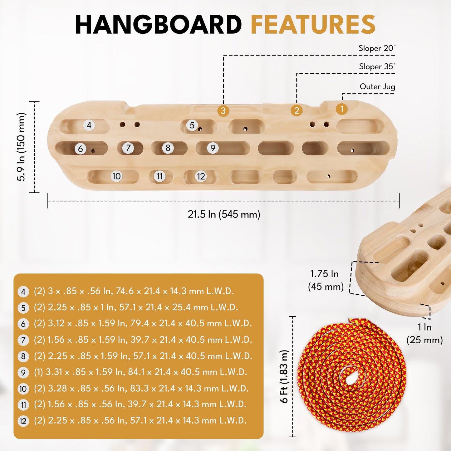 Anchorton Climbing Hangboard and Finger Hanging Holds - Fingerboard for Strength Training - Rock Climbing Grip Strengthening Holds - Hang Board and Hand Holds with Suspension Chord Ropes and Chalk