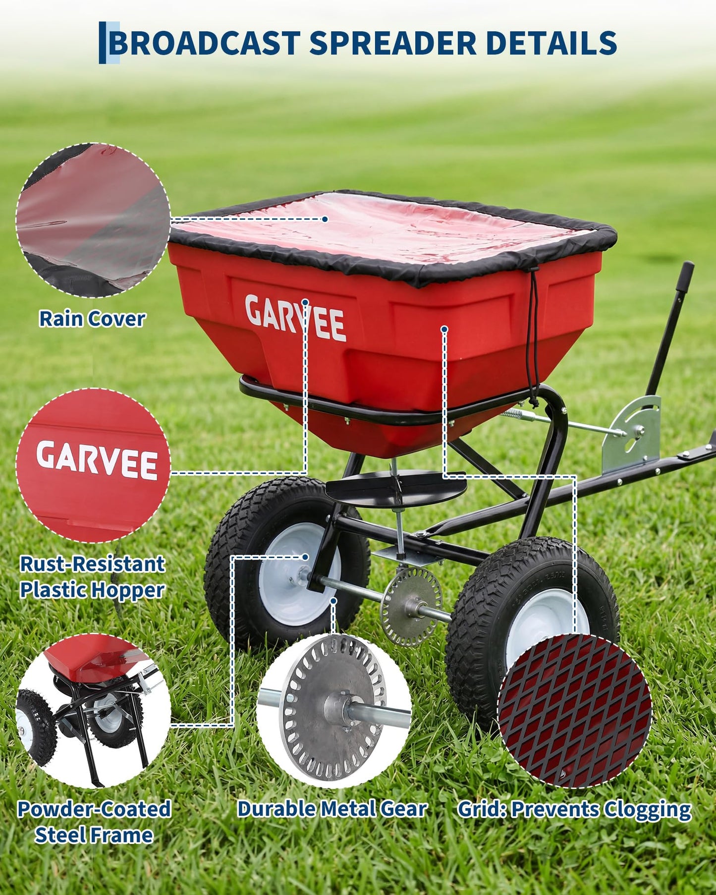125 LBS Heavy Duty Tow Behind Broadcast Spreader, Adjustable Flow with 30 Settings, 9.8ft Spreading Width, Universal Hook for UTV/ATV/Tractor, Padded Control & Tool Pouch, Compatible with Fertilizer/G