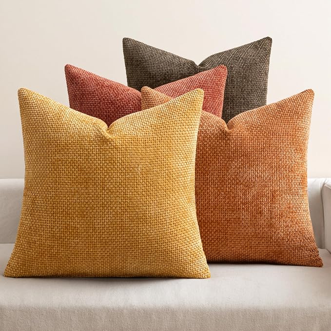 MIULEE Pack of 4 Orange/Yellow Couch Throw Pillow Covers 20x20 Inch Halloween Soft Decorative Chenille Pillows Farmhouse Accent Cushions for Boho Home Decor Spring Sofa Bedroom Living Room