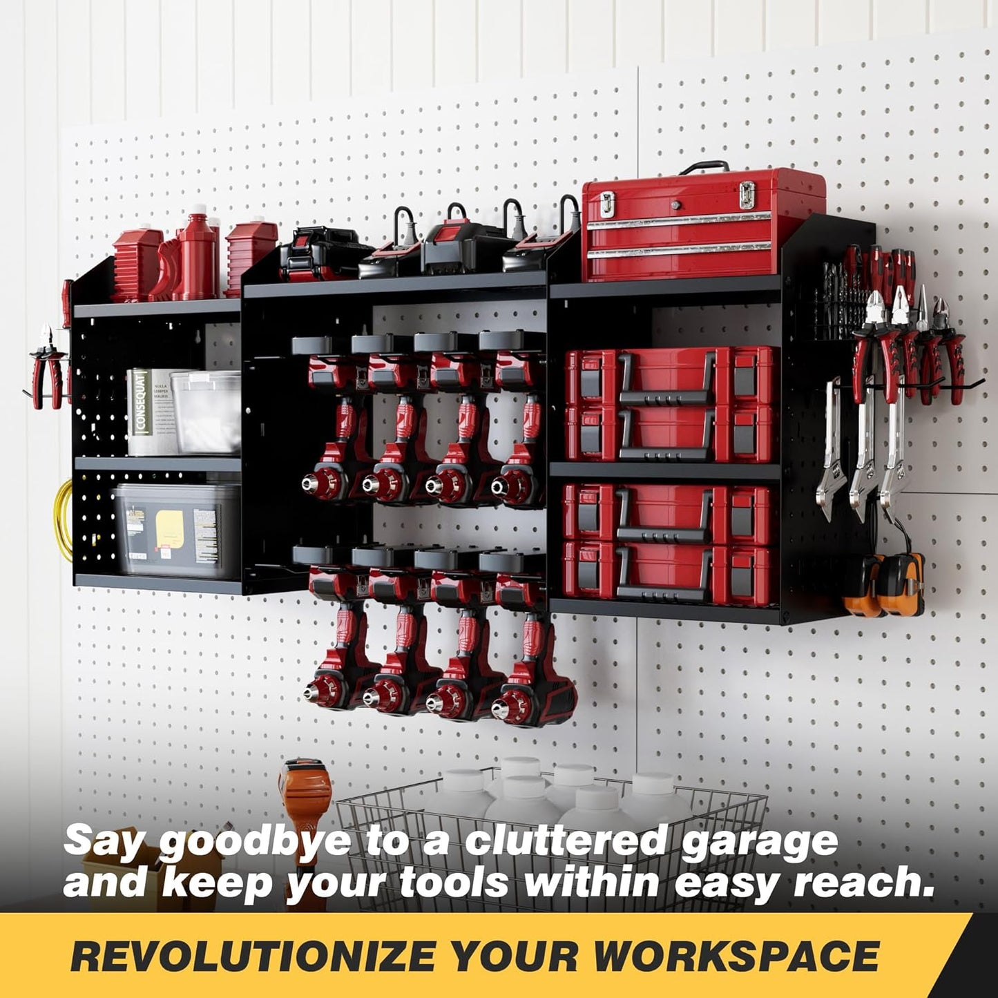 Power Tool Organizer - Heavy-Duty Wall Mount Storage Rack with Charging Station & 8 Outlet Power Strip | 51 Inch 3 Tier Design