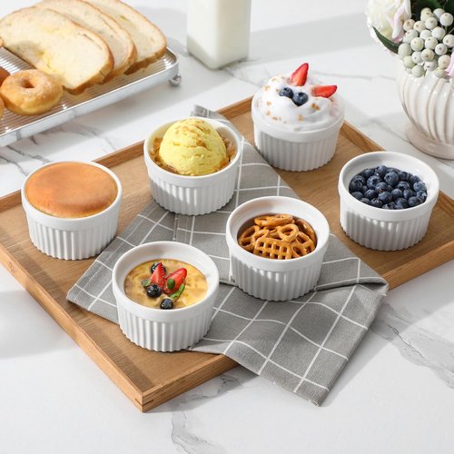 MALACASA Ramekins - 6 oz Oven Safe Porcelain Baking Cups for Creme Brulee & Pudding | Set of 6 White