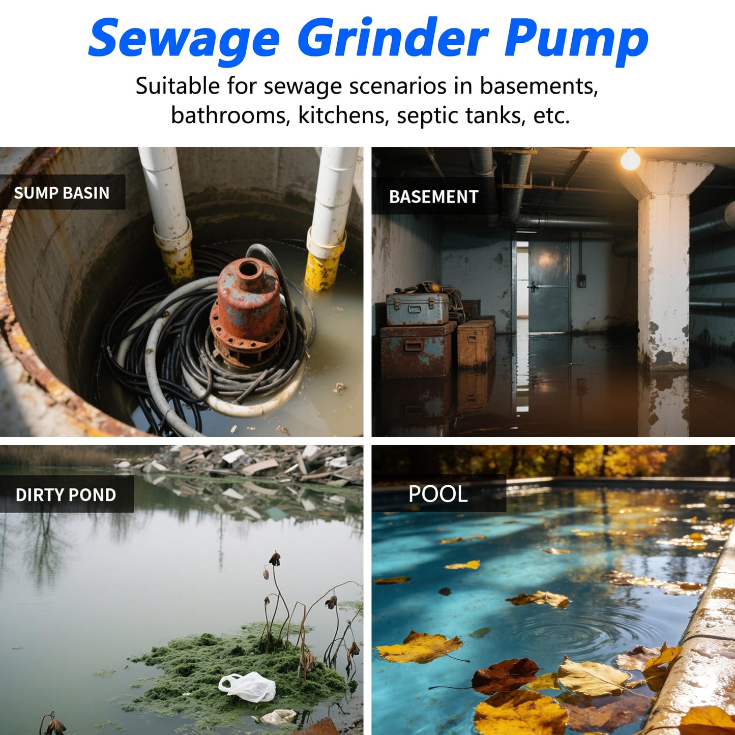 Sewage Grinder Pump, 1HP Sump Pump Submersible 110V 6400GPH 40Ft Max Head, Stainless Steel Cast Iron Effluent Pump with Auto Float Switch 2'' NPT for Basement Basin Sewage Well Pond Swimming Pool