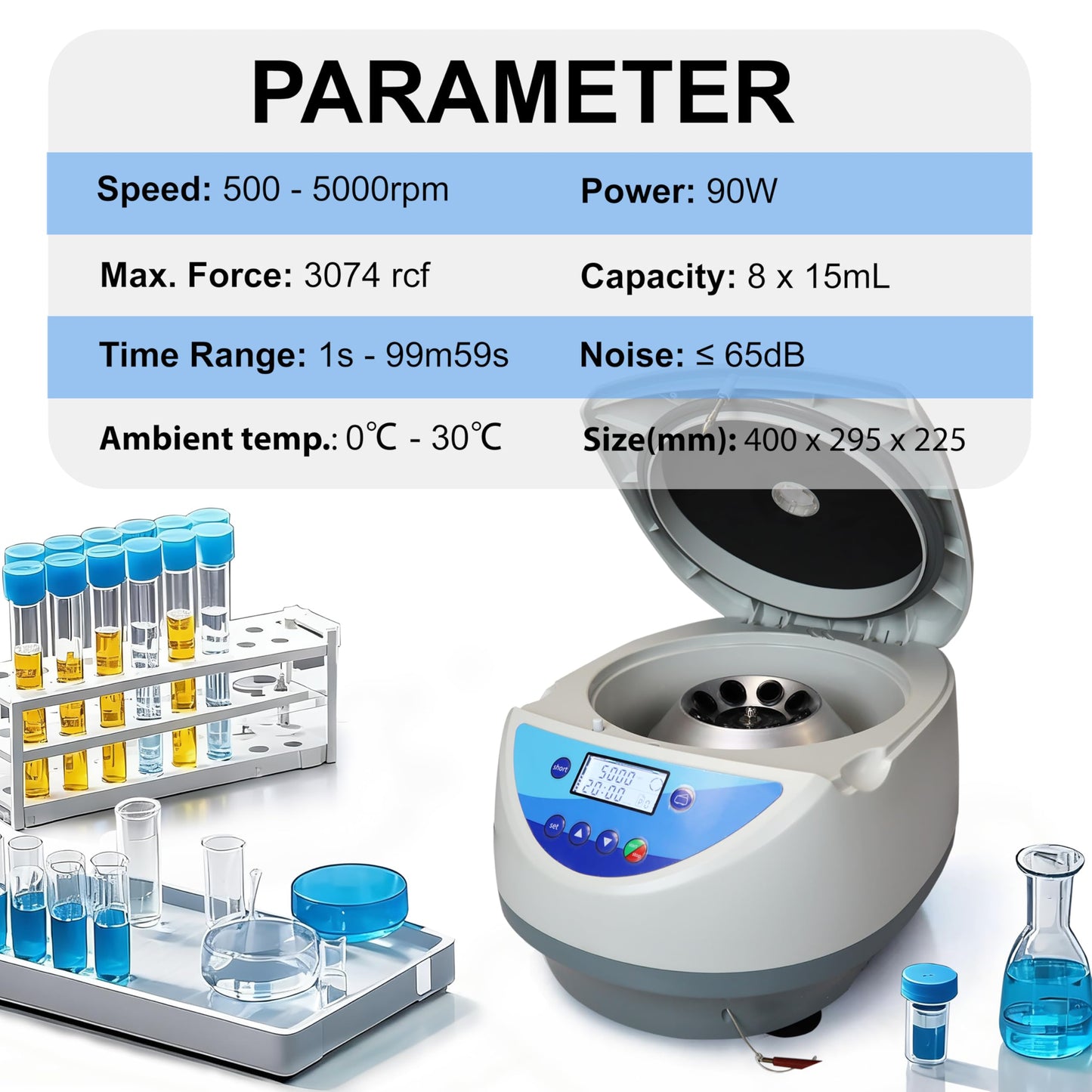 Jackson Global JS-TC-SPINPLUS-8 Digital Bench-top Centrifuge | 500-5000rpm (Max. 3074xg) | LCD Display | Includes 15ML X 8 Rotor