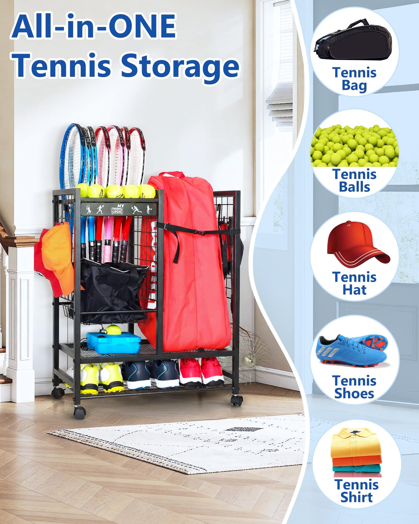 Mythinglogic Tennis Racket Rack, Rolling Storage Rack with Lockable Wheels, Large Capacity Tennis Equipment Storage Organizer for Garage, Club, School