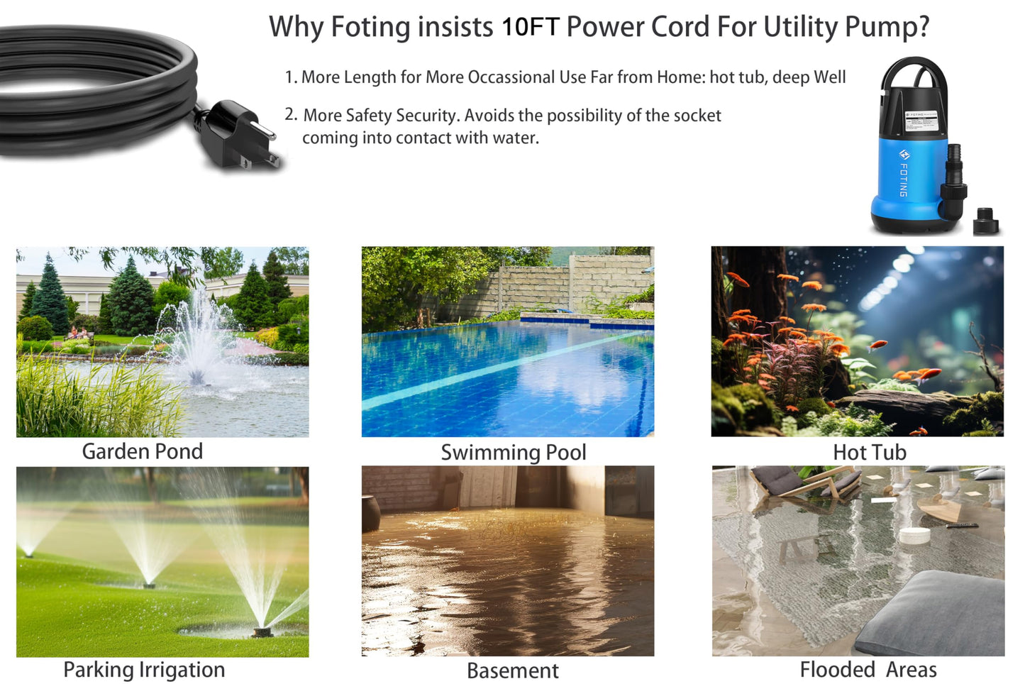 FOTING Sump Pump 1HP Clean/Dirty Submersible Water Pump,4600GPH Utility Pump Thermoplastic Electric Portable Transfer Water Pump for Swimming Pool Pond Basement with 10ft Power Cord,Manual