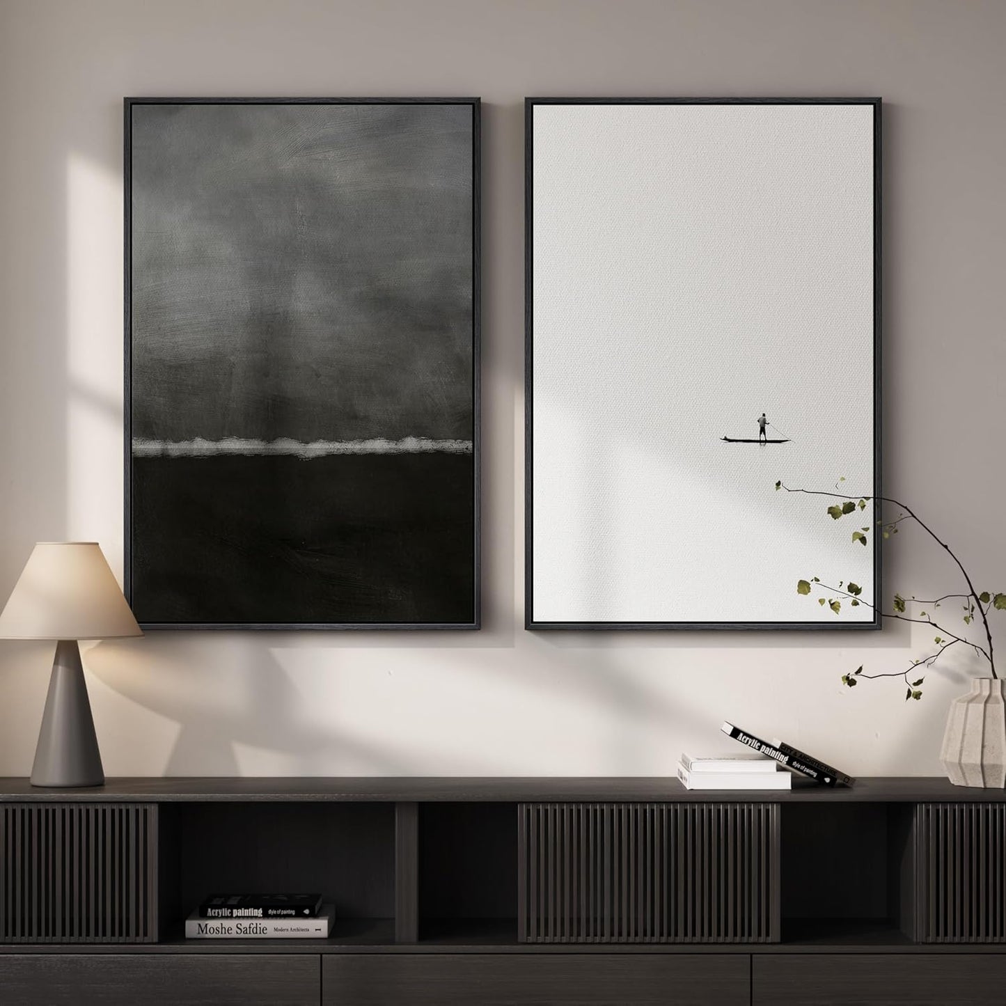 Skiennix Framed Black and White Abstract Wall Art - Large Set of 2 Minimalist Canvas Prints | 24x36 In Seascape Decor for Living Room, Bedroom, Office