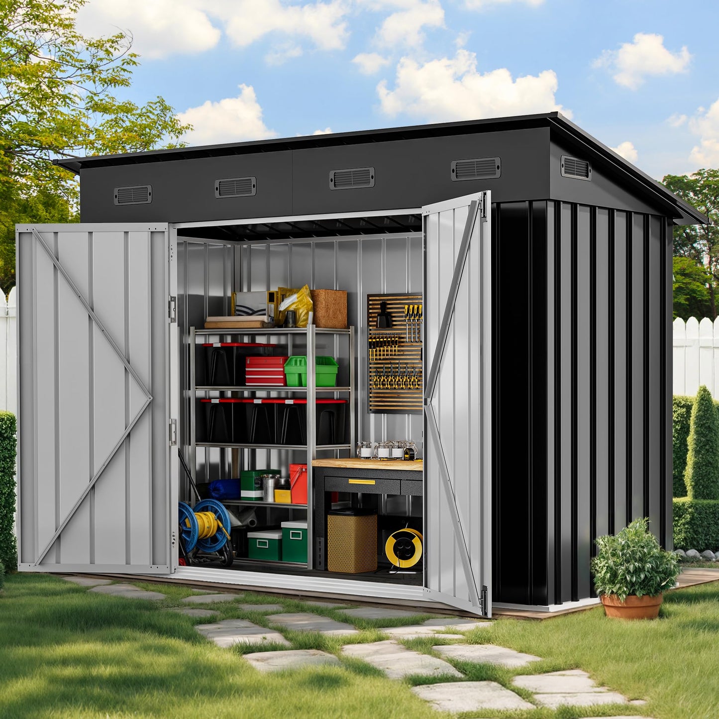 DWVO 8.5' x 3.5' Outdoor Storage Shed, Lockable Double Doors, Sloped Roof, Heavy-Duty Steel Shed for Garden & Patio, Large Backyard Tool Organizer, Dark Gray
