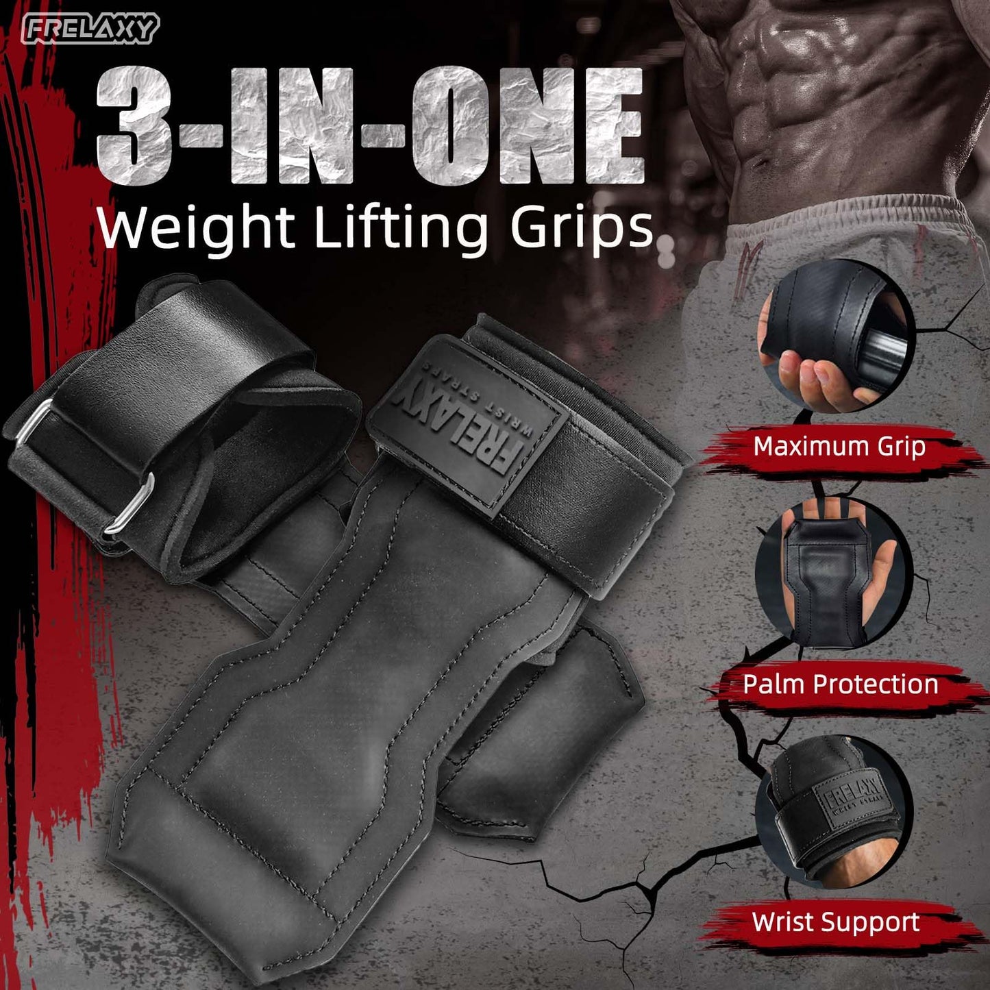 Frelaxy Lifting Wrist Straps, Rubber Weight Lifting Grips with Non-Slip Palm & Wrist Wraps Support for Deadlifts, Pull Ups, Rows, Heavy Powerlifting, Lat Pulldowns (Black)