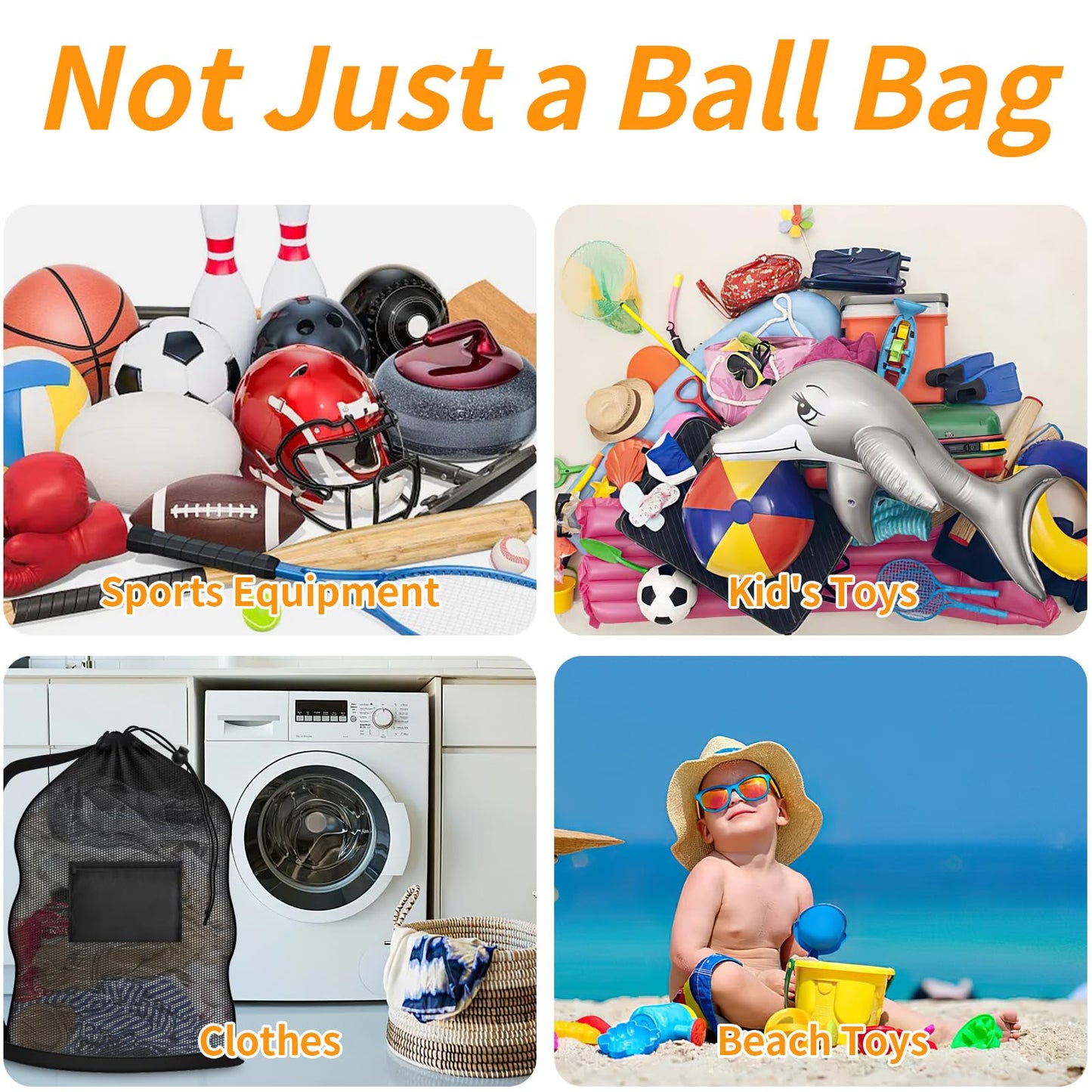 Extra Large Mesh Ball Bag, Heavy Duty Drawstring Storage Bag, 24" x 36" Hold 8-10 Soccer Basketball Volleyball Football, Sports Equipment Sack Net Bags with Shoulder Strap and Pocket for Coaches