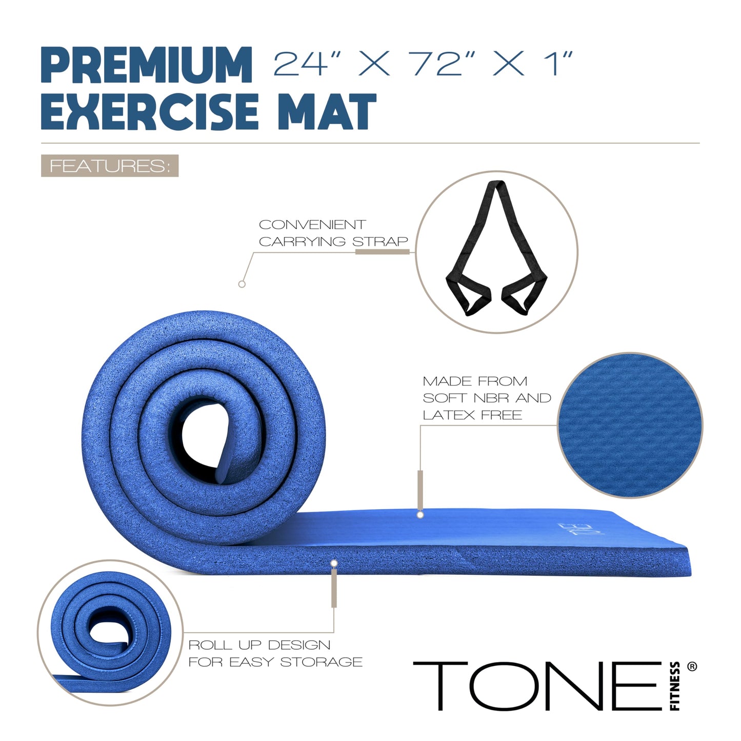Tone Fitness Premium Extra Thick 1-Inch High Density Exercise Mat with Carry Strap – Non-Slip Workout, Pilates, and Yoga Mat for Home Gym - Color Blue - Diamond Pattern