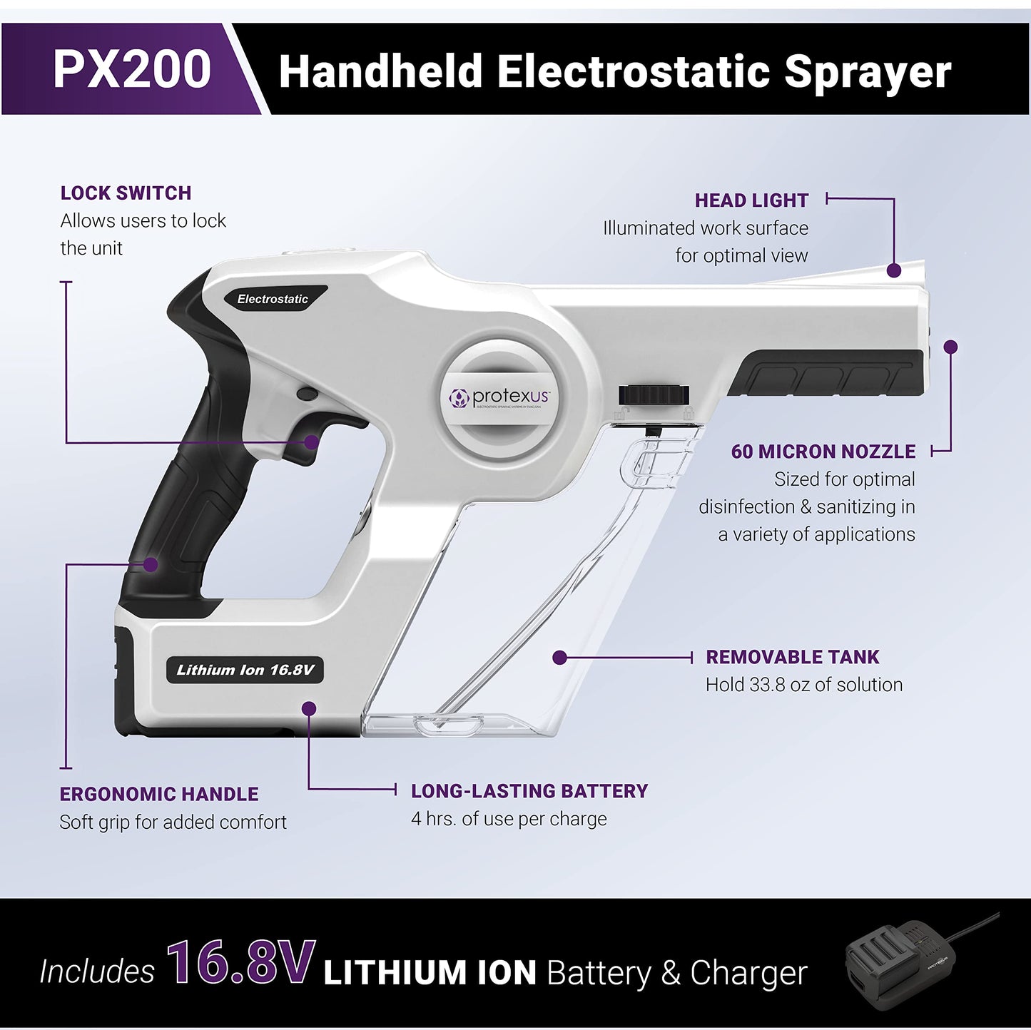 Protexus Handheld Electrostatic Sprayer, Disinfectants and Sanitizers, Cordless Electric Spray Gun, Fogger Machine, 34oz Removable Tank, 4Hr Battery Runtime, 60-Micron Nozzle, Covers 2,800Sq Ft
