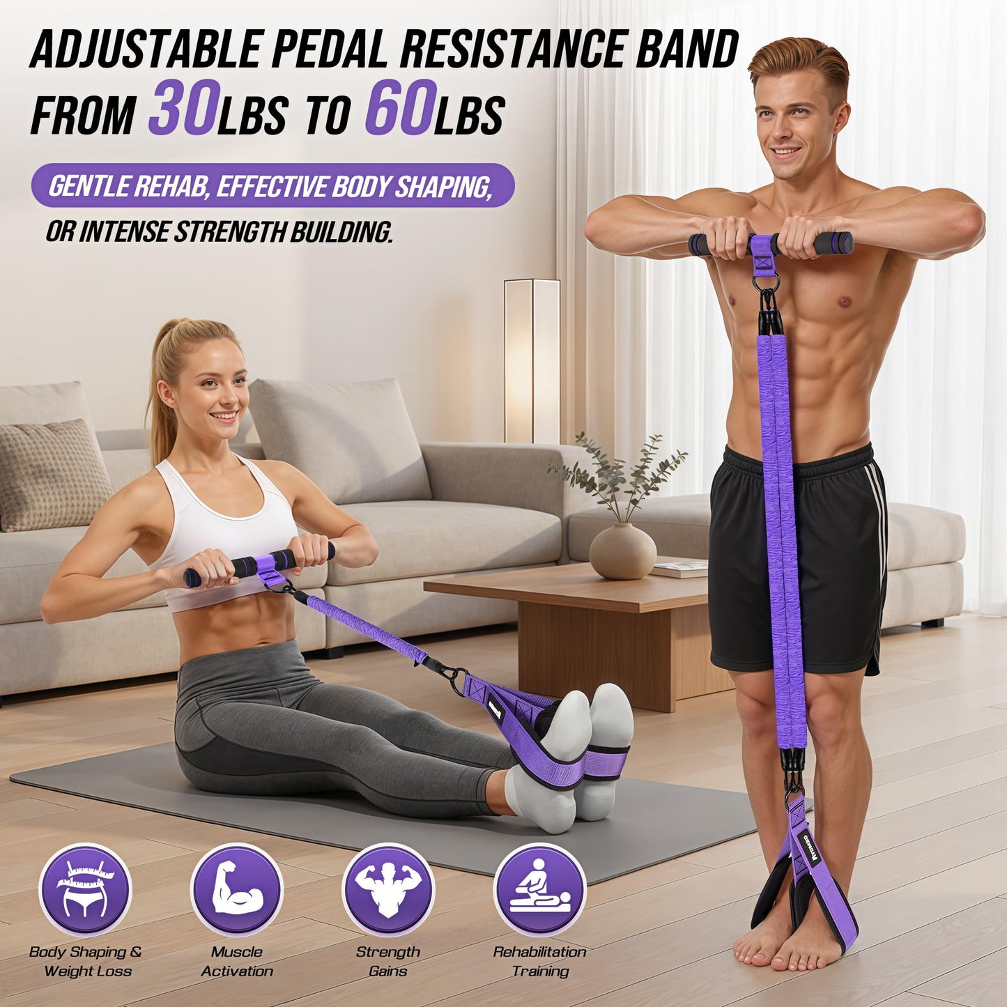 Ayombo Upgrade Pedal Resistance Band with Handle, Adjustable Tube Foot Pedal Device Puller Exercise Bands, for Abs Arm Leg Waist Workout, Core Pilates, Sit Up Fitness Equipment for Full Body Training